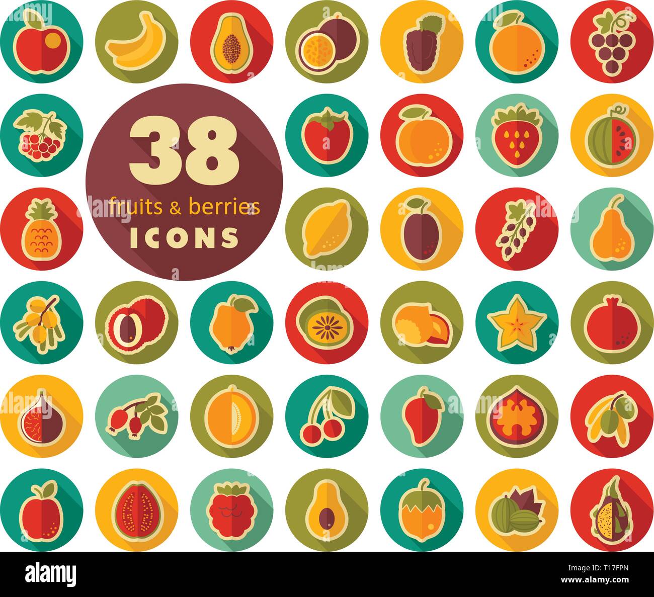 Set of Fruits and Berries flat icons. Vector illustration, eps 10 Stock ...