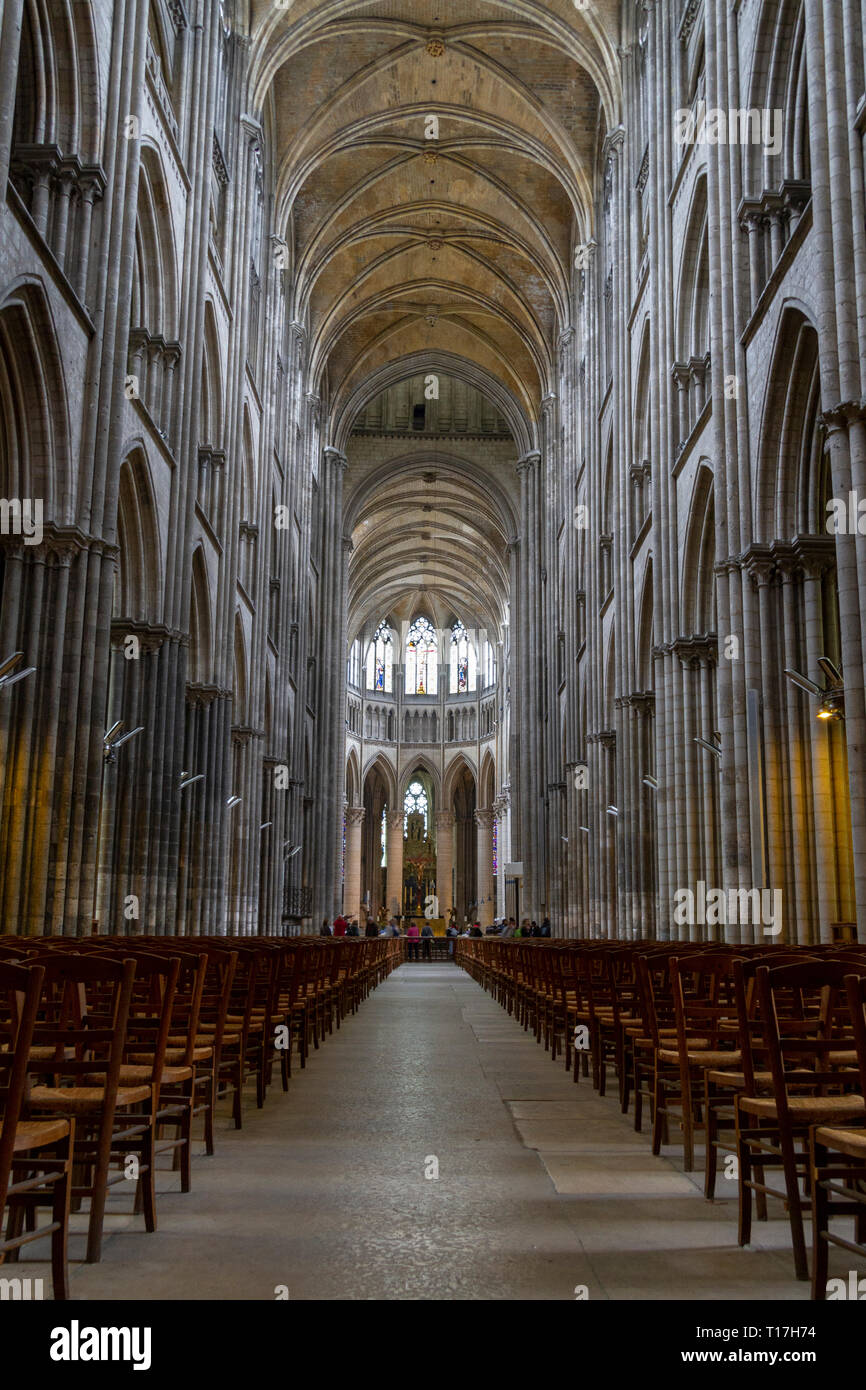 View down the central nave inside the Cathedrale Notre Dame in Rouen, Seine-Maritime, France. Stock Photo