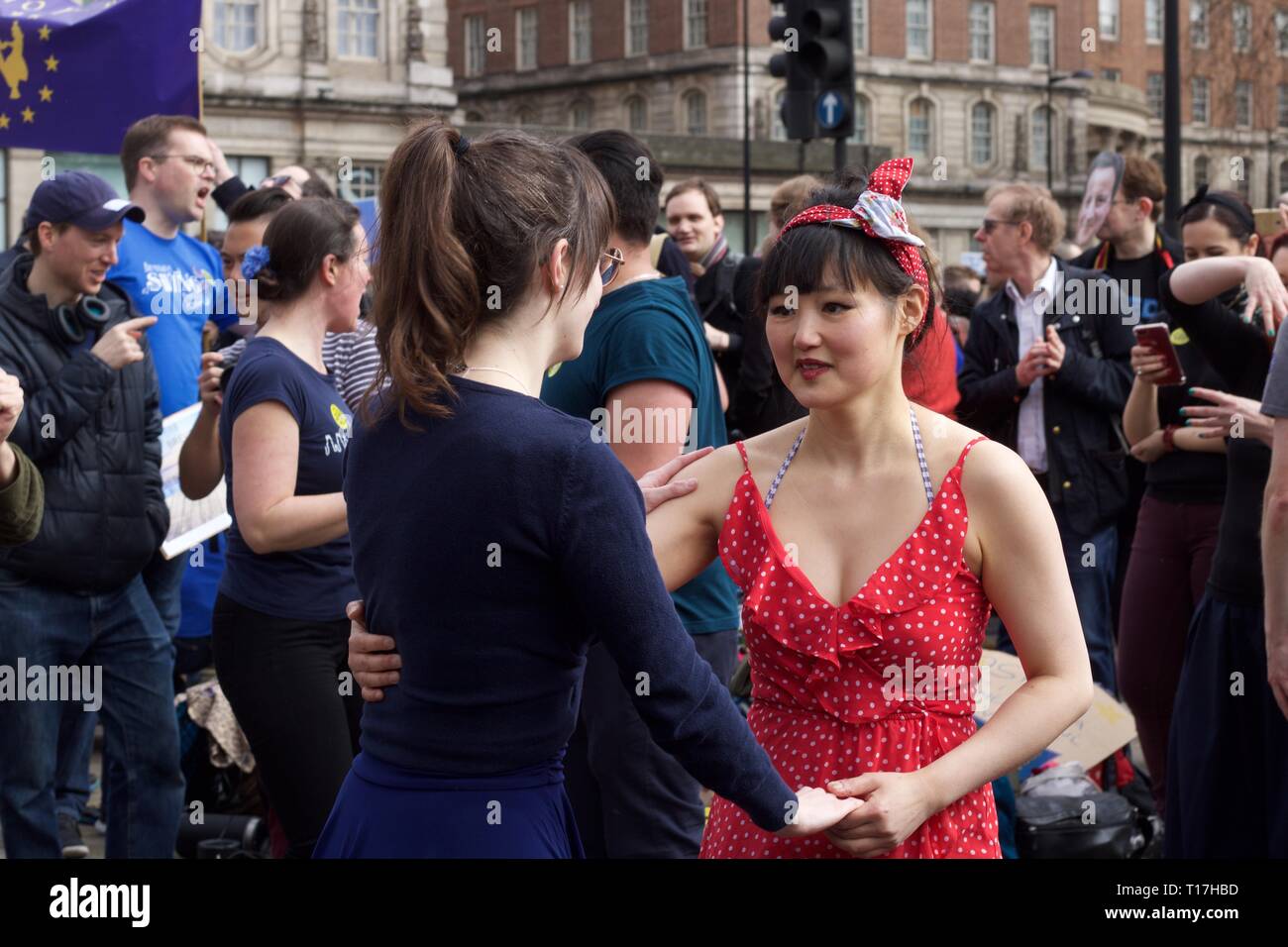 Girls dancing at the Revoke Article 50 Remain rally in London - Swing for Remain Stock Photo