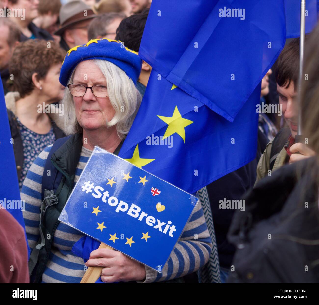Middle aged woman taking part in the stop Brexit London march Stock Photo