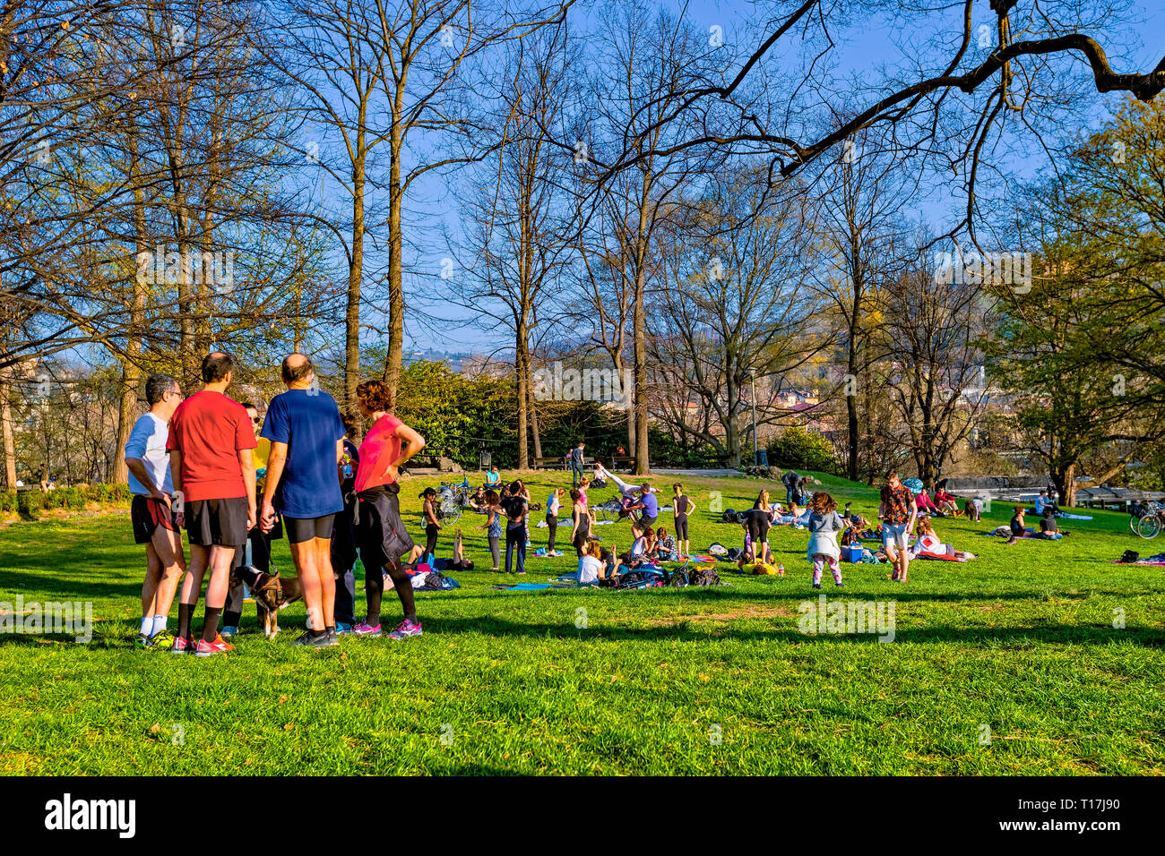 Italy Piedmont Turin Valentino Park - people on the lawns Stock Photo