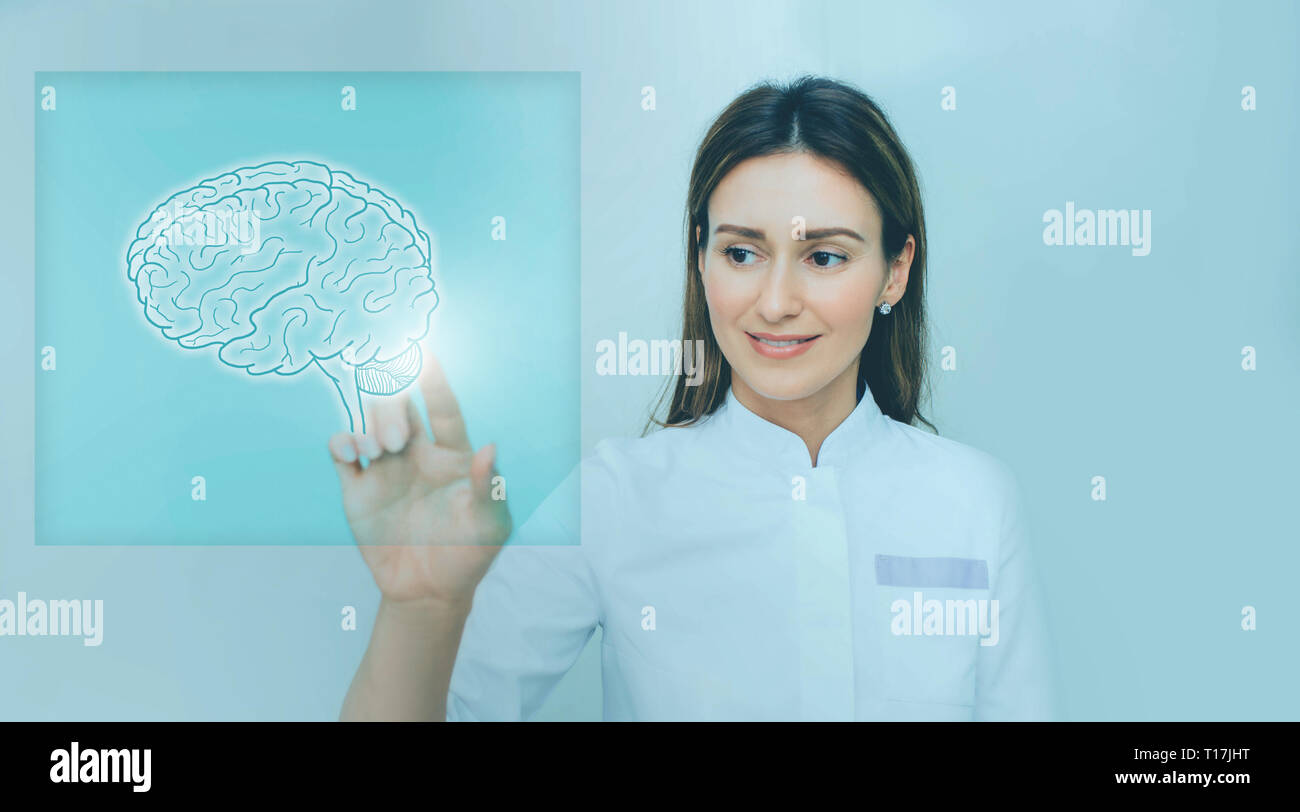 Woman scientist touching medical interface with brain Stock Photo