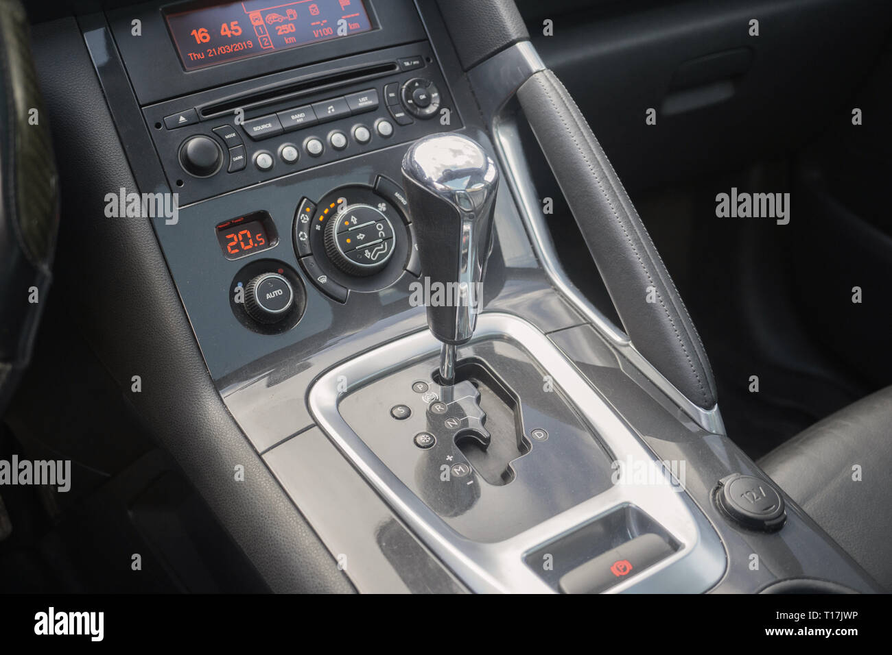automatic gear parked inside modern vehicle car automobile. Stock Photo