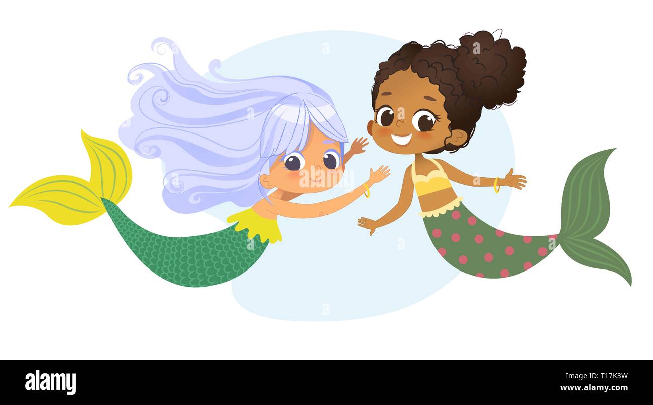 Mermaid African Caucasian Character Friend Nymph. Young Underwater