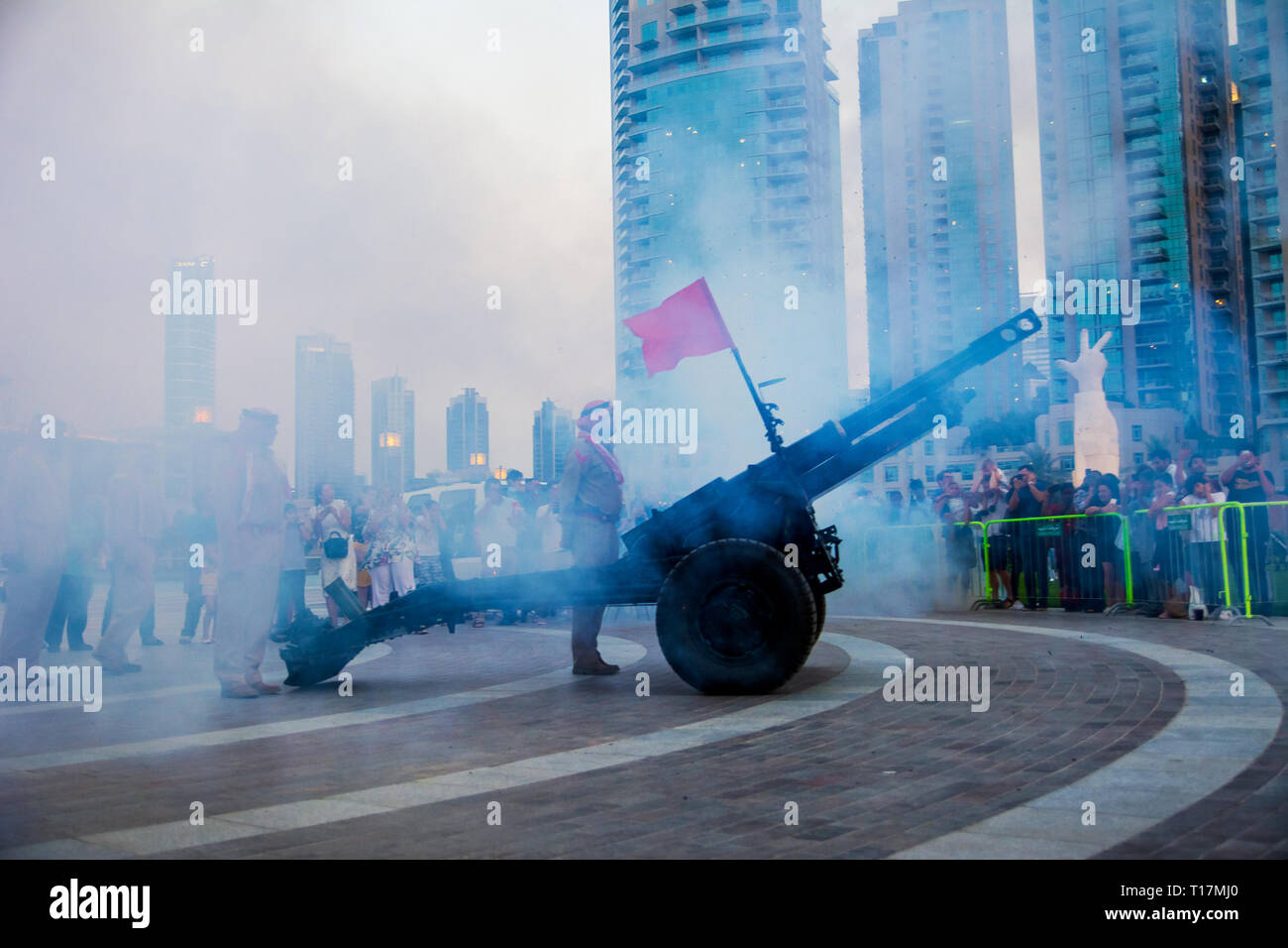 Dubai, United Arab Emirates - May 18, 2018: Ramadan Canon firing in front of the Dubai mall fountain to signal the end of the daily fast and beginning Stock Photo