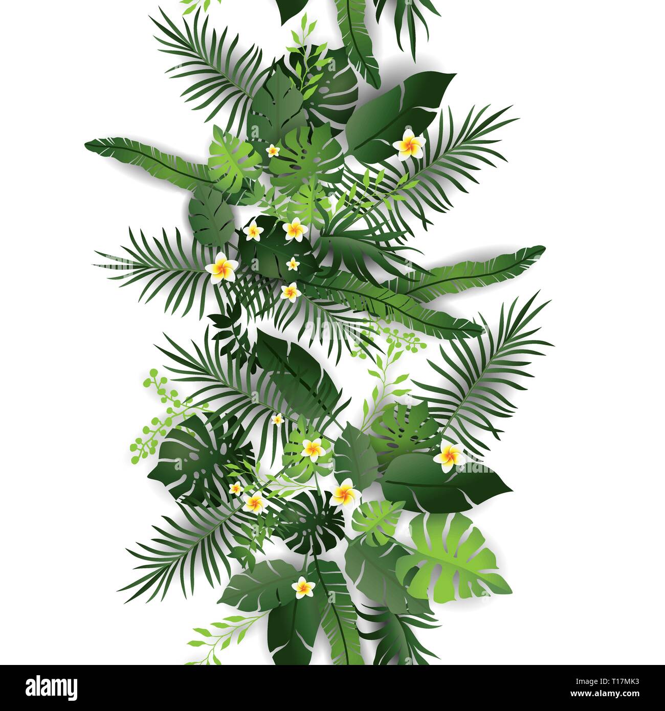 Seamless Pattern Exotic Floral Background. Tropical Flowers and Leaves on White Backdrop. Greenery print Seamless Design Stock Vector