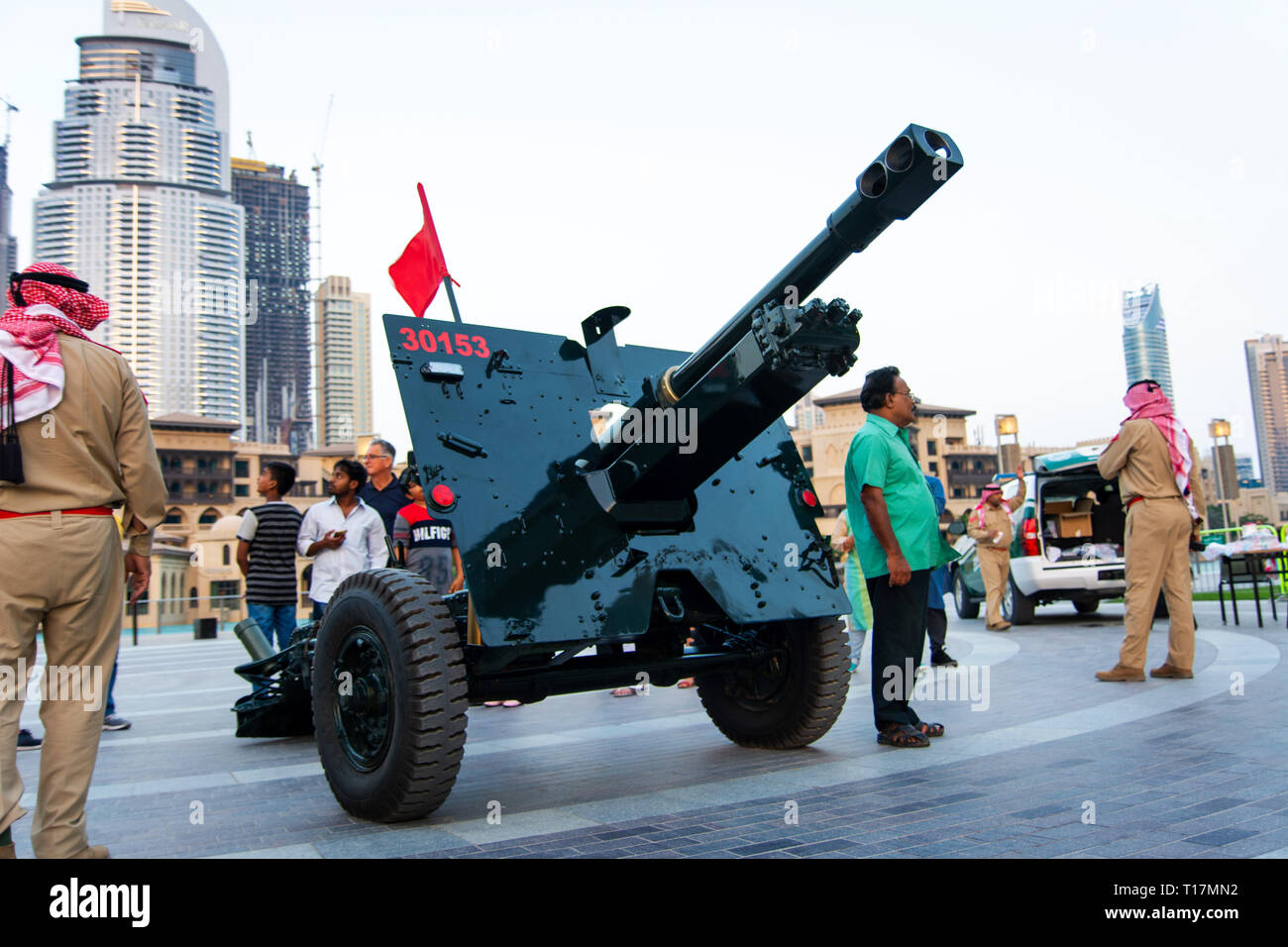 Dubai, United Arab Emirates - May 18, 2018: Ramadan Canon in front of the Dubai mall fountain to signal the end of the daily fast in the holy month Stock Photo