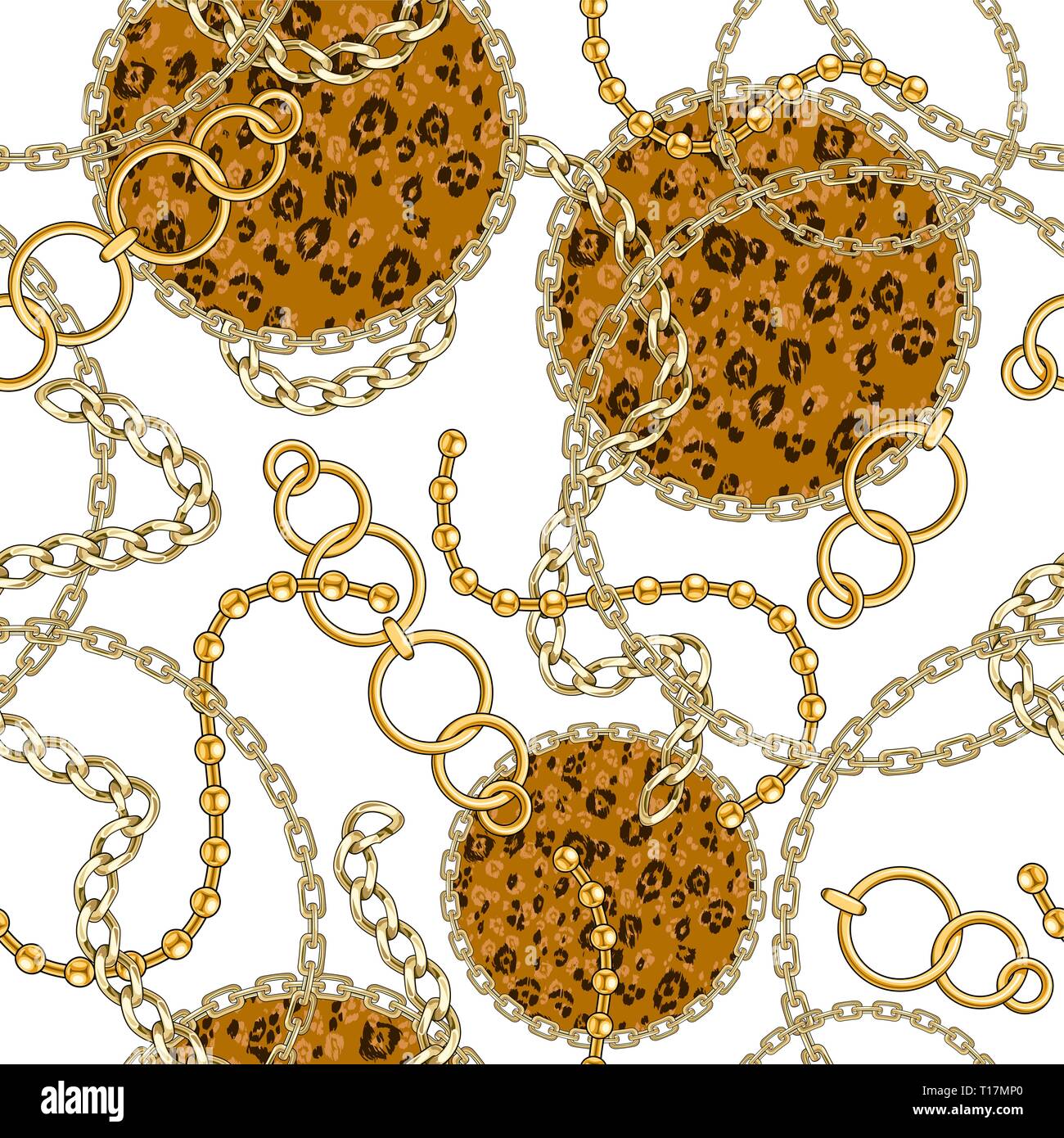Seamless pattern with golden chain and animal skin on white background for fabric. Trendy repeating leopard print. Stock Vector