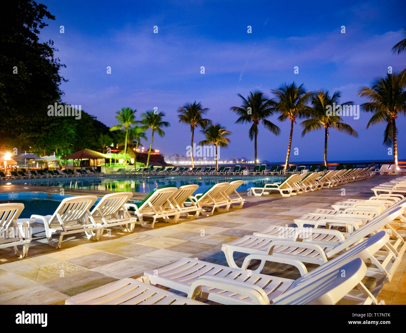 Plastic beach chairs at the pool of Hilton hotel in Rio de Janeiro