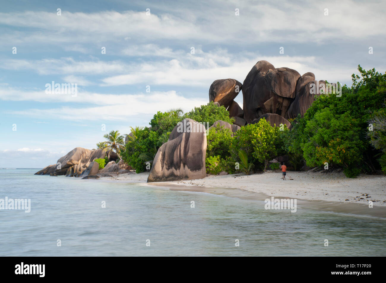 A man raking seaweed in front of dramatic limestone rock formations at L’Anse Source d’Argent, L’Union Estate Park, La Digue, the Seychelles Stock Photo