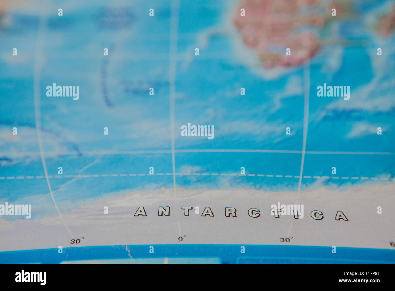 Antarctica in close up on the map. Focus on the name of country ...