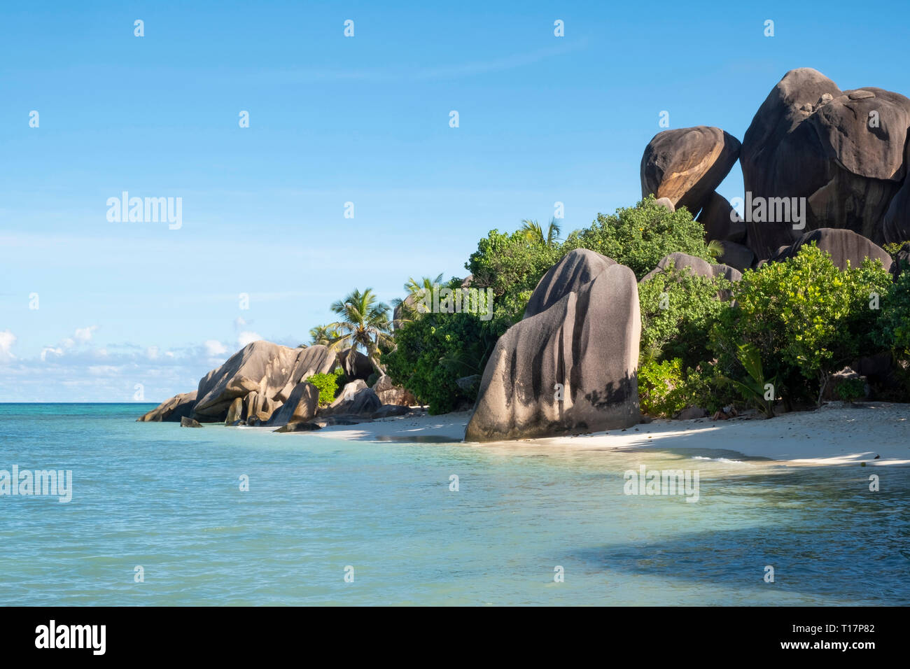 Giant granite boulders and palm trees on L’Anse Source d’Argent, La Digue, the Seychelles Stock Photo