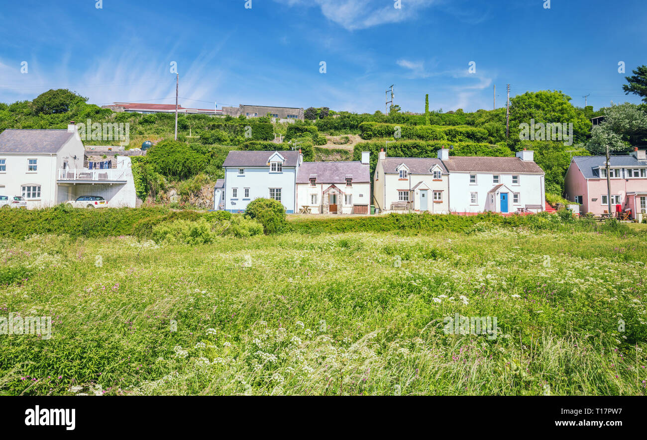 Welsh houses at bright summer day. Abercastle Harbour in Pembrokeshire