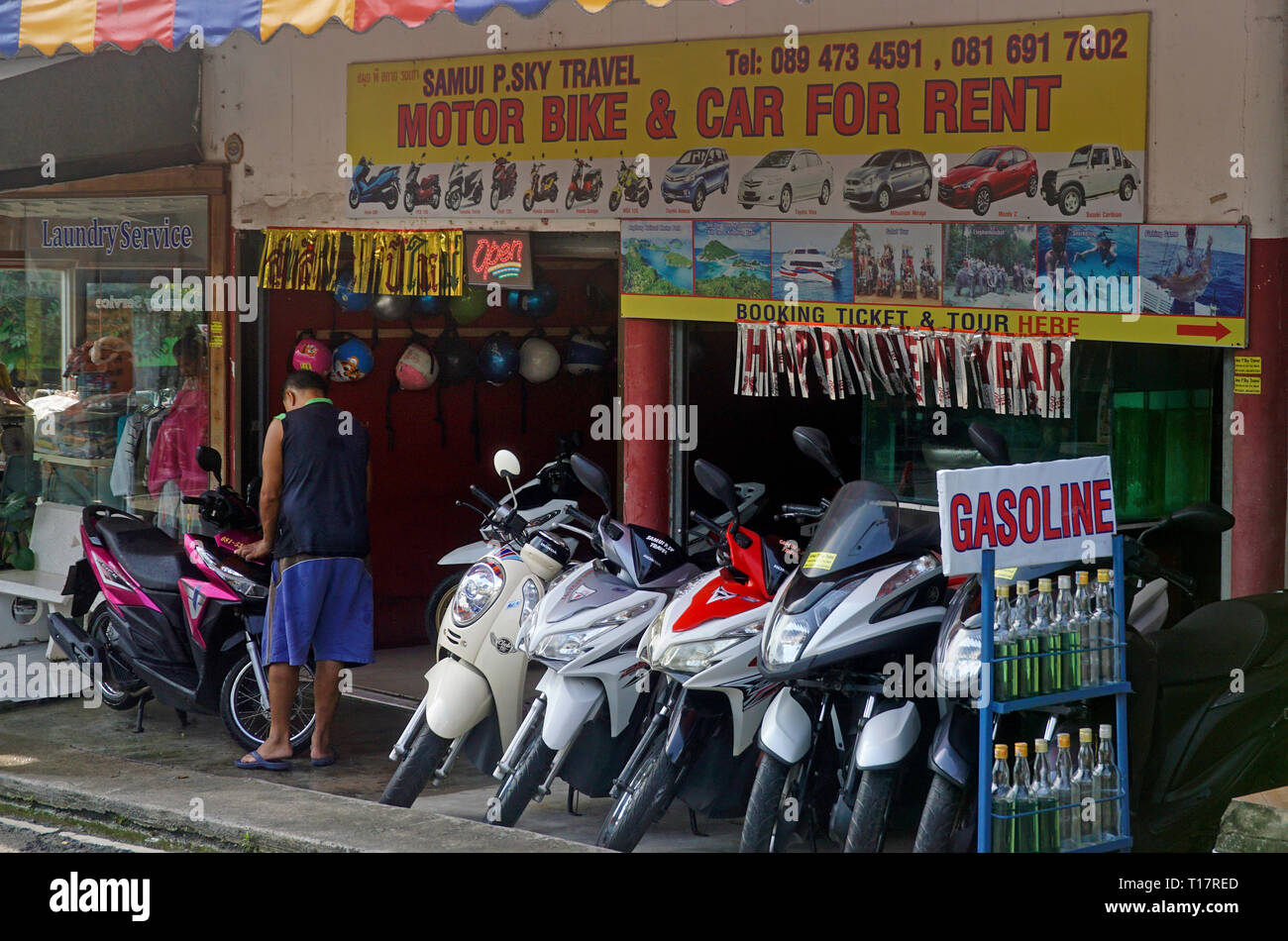 Scooter rental and gas in bottles at Lamai center, Koh Samui, Surat Thani, Gulf of Thailand, Thailand Stock Photo