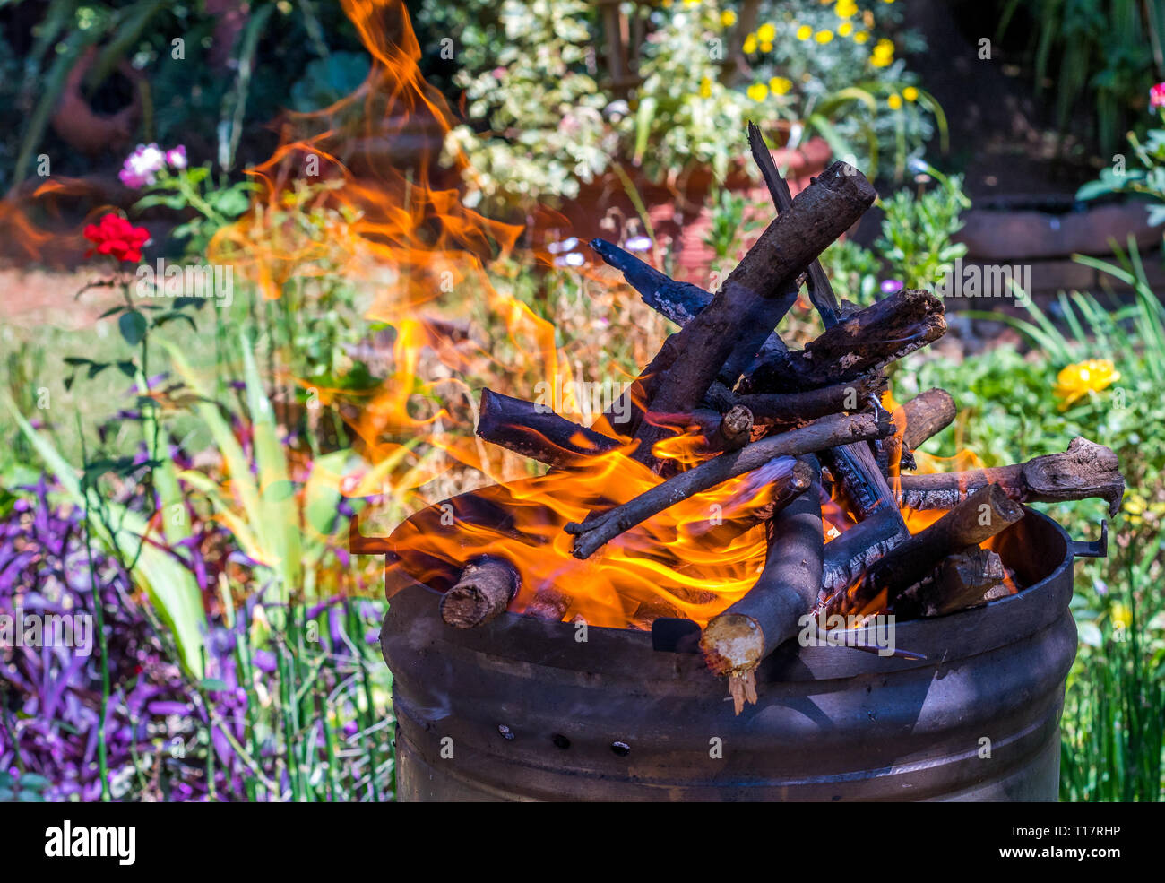 A barbeque fire lit in a steel barrel outside on a summers day image with copy space in landscape format Stock Photo