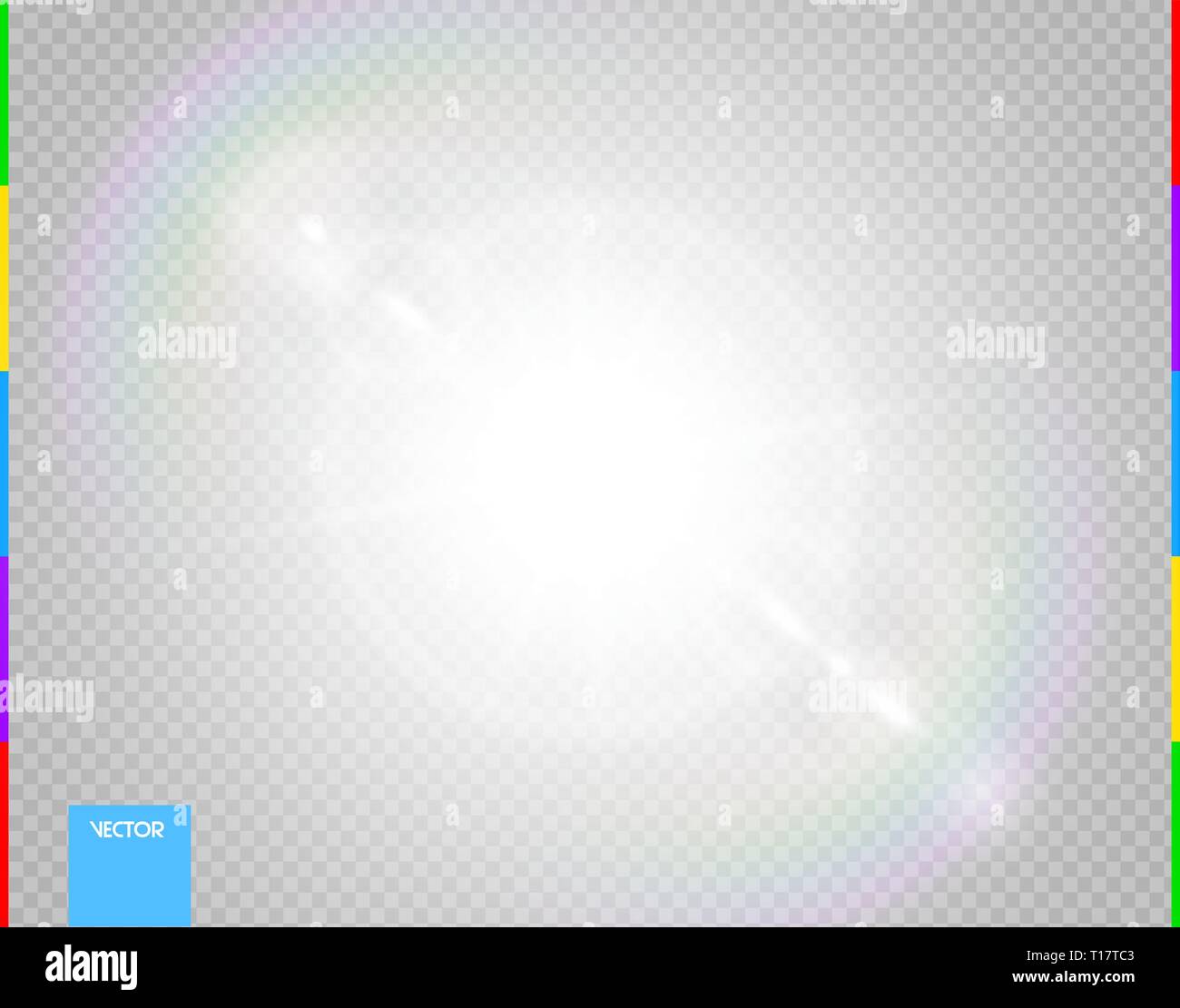 Vector sun. Glow transparent sunlight special lens flare light effect. Isolated flash rays and spotlight. White front translucent background. Blur Stock Vector