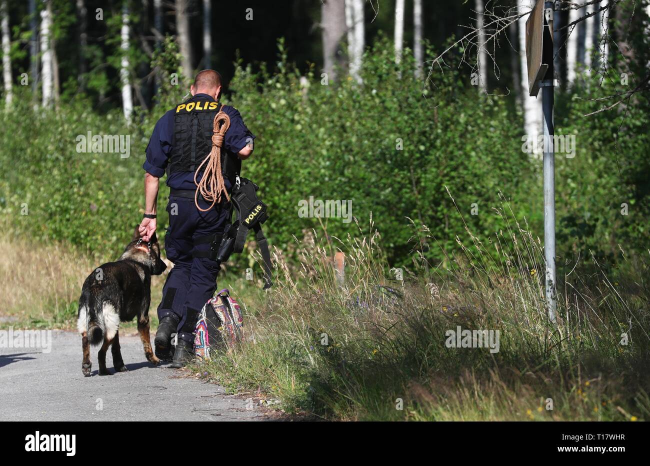 LAX IN 20180712 The police hunt for the runaway prisoner continued with full force during the late Thursday evening and the night before Friday. Here the police's breaking point in Finnerödja just west of Laxå. Photo Jeppe Gustafsson Stock Photo