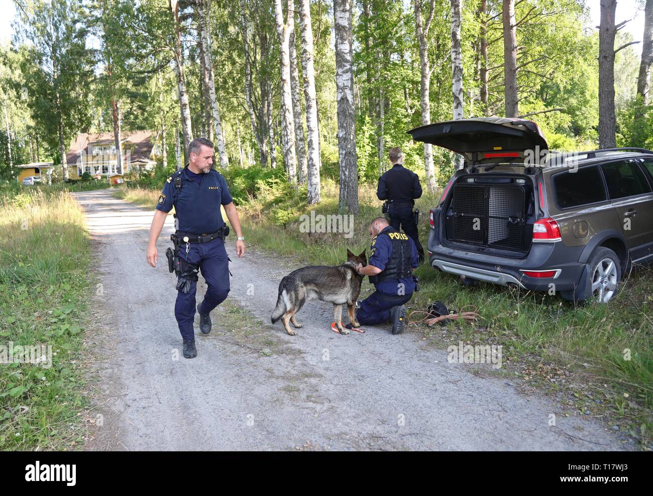 LAX IN 20180712 The police hunt for the runaway prisoner continued with full force during the late Thursday evening and the night before Friday. Here the police's breaking point in Finnerödja just west of Laxå. Photo Jeppe Gustafsson Stock Photo
