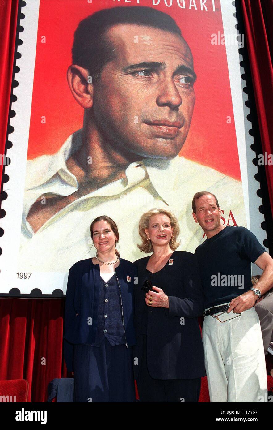 LOS ANGELES, CA. July 31, 1997:   Actress Lauren Bacall with children Stephen & Leslie Bogart at unveilling ceremony in Hollywood for new US postage stamp honoring actor Humphrey Bogart. Stock Photo
