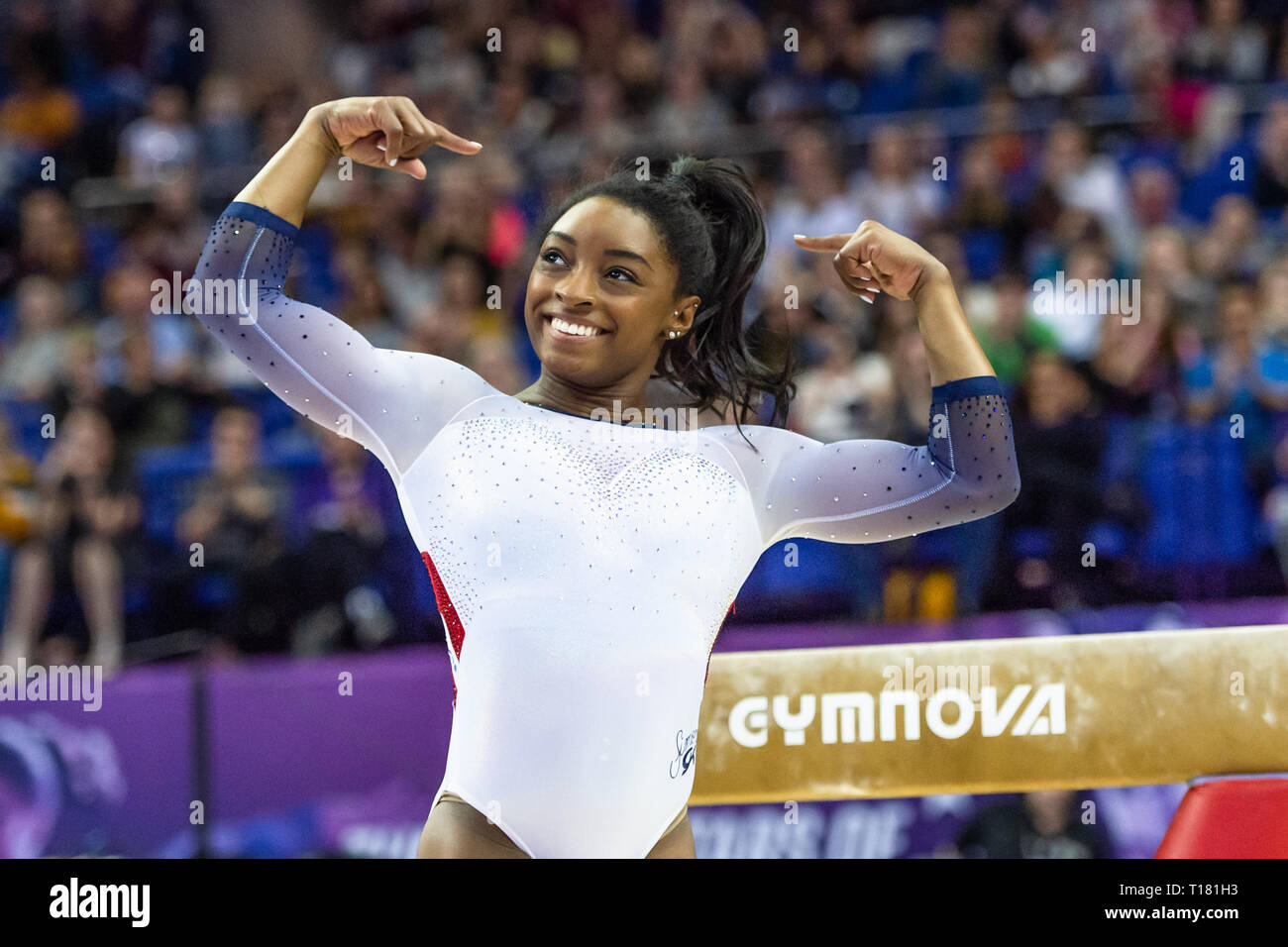 London, UK. 23rd Mar, 2019. Simone Biles of USA performs on Beam during the Matchroom Multisport presents the 2019 Superstars of Gymnastics at The O2 Arena on Saturday, 23 March 2019. LONDON ENGLAND. Credit: Taka Wu/Alamy Live News Stock Photo