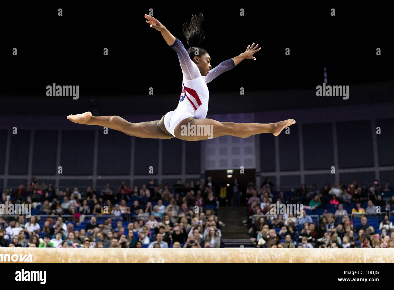 London, UK. 23rd Mar, 2019. Simon Biles performs on the beam during the Matchroom Multisport presents the 2019 Superstars of Gymnastics at The O2 Arena on Saturday, 23 March 2019. LONDON ENGLAND. Credit: Taka Wu/Alamy Live News Stock Photo