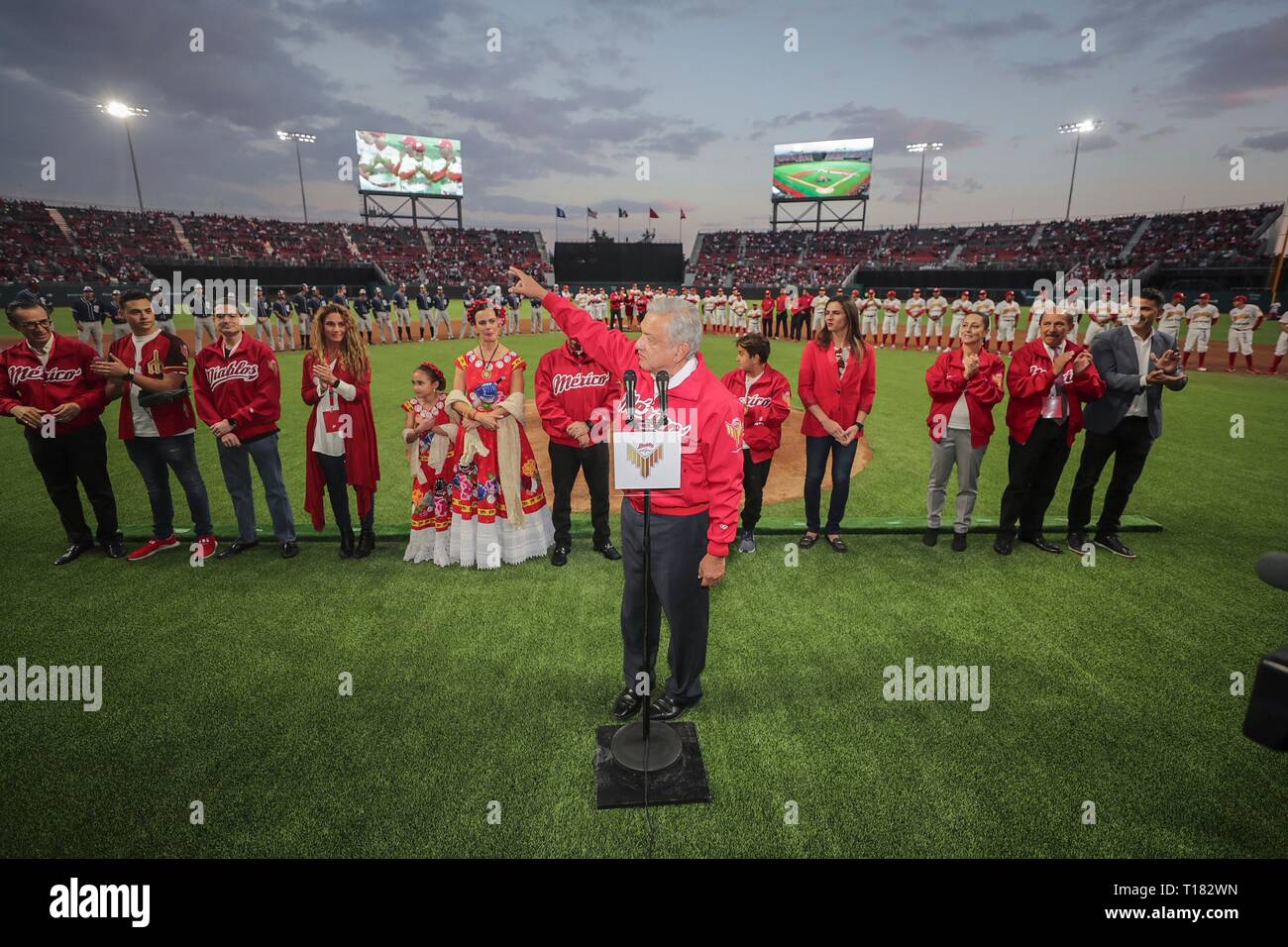 Mexico City, Mexico. 23rd Mar, 2019. Mexican President Andres Manuel Lopez Obrador during the opening ceremony at the Alfredo Harp Helu Baseball Stadium, home of the Mexico City Red Devils March 23, 2019 in Mexico City, Mexico. Obrador who has enjoyed soaring approval ratings was booed and jeered by the hostile crowd in a rare display of public animosity for the popular president. Credit: Planetpix/Alamy Live News Stock Photo