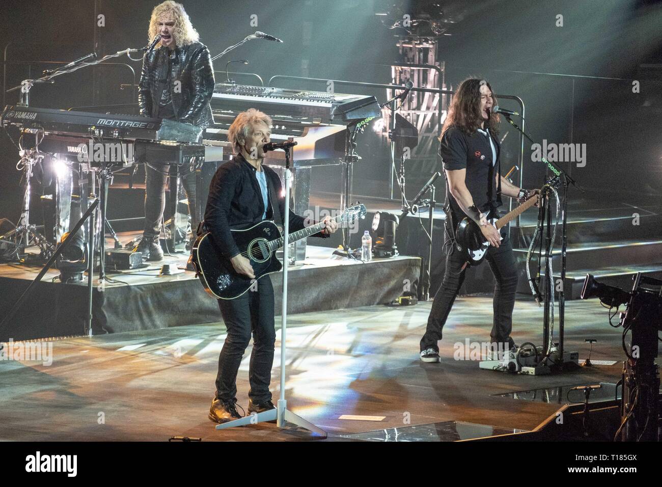April 29, 2018 - Milwaukee, Wisconsin, U.S - DAVID BRYAN, JON BON JOVI and PHIL X (PHIL XENIDIS) of Bon Jovi during the This House Is Not For Sale tour at the Bradley Center in Milwaukee, Wisconsin (Credit Image: © Daniel DeSlover/ZUMA Wire) Stock Photo
