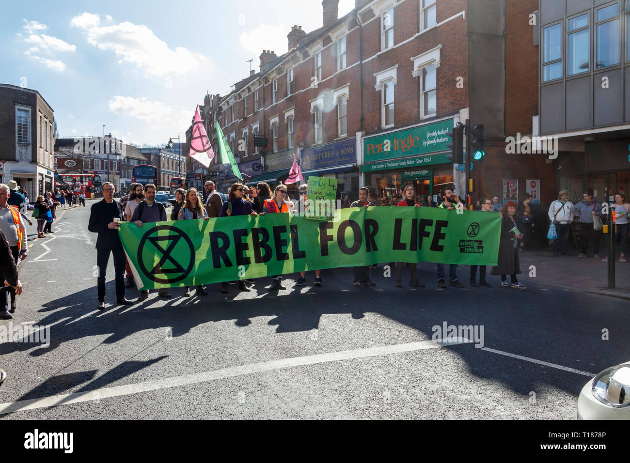 Crouch End, London, UK. 24th March 2019. “Rebel For Life”: the Campaign group Extinction Rebellion stop traffic in a peaceful demonstration on climate change. Traffic was stopped for just four minutes at a time. Credit: Michael Heath/Alamy Live News Stock Photo