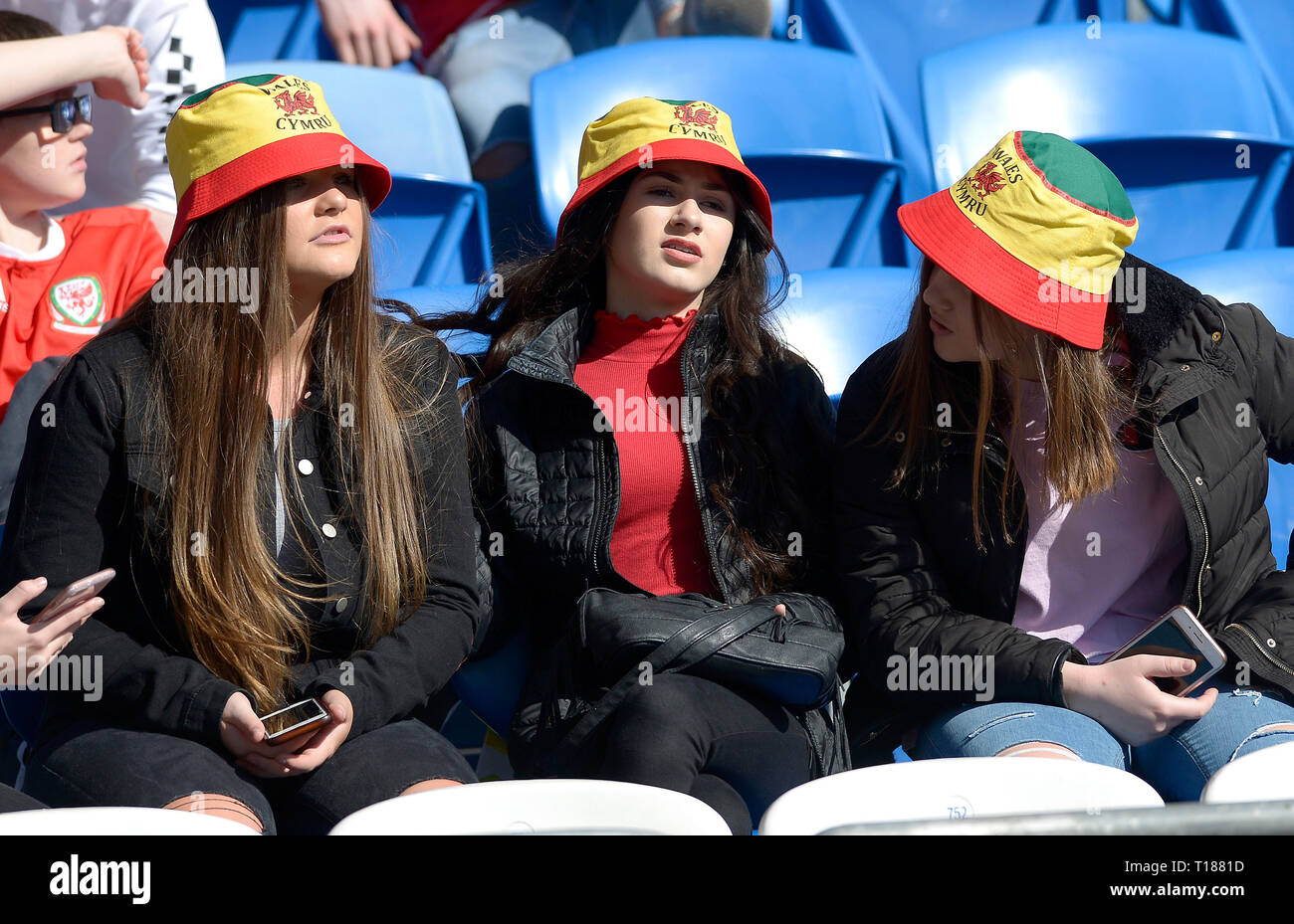 Cardiff, Wales, UK. 24th Mar 2019. Football, UEFA European Qualifiers Group E, Wales v Slovakia, 24/03/19, Cardiff City Stadium, K.O 2PM  Wales fans bask in glorious sunshine in their bucket hats at the Cardiff City Stadium ahead of this afternoons European Qualifier with Wales v Slovakia.  Andrew Dowling Credit: Andrew Dowling/Influential Photography/Alamy Live News Stock Photo