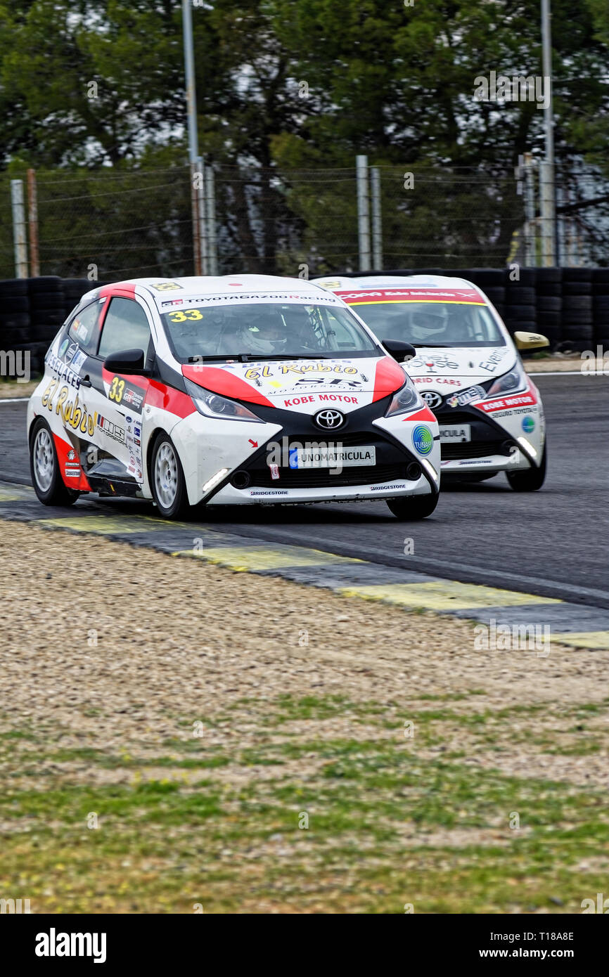 Madrid, Spain. 23rd March, 2019. First test of the Kobe Circuit Cup of the Toyota Aygo at the Jarama Circuit in Madrid, Spain. Credit: EnriquePSans/Alamy Live News Stock Photo