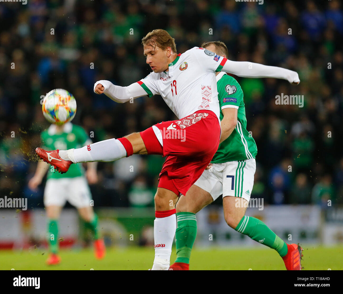 Windsor Park, Belfast, Northern Ireland. 24th Mar, 2019. UEFA European Championships Qualification football, Northern Ireland versus Belarus; Maksim Volodjko of Belarus clears the ball out of this end Credit: Action Plus Sports/Alamy Live News Stock Photo