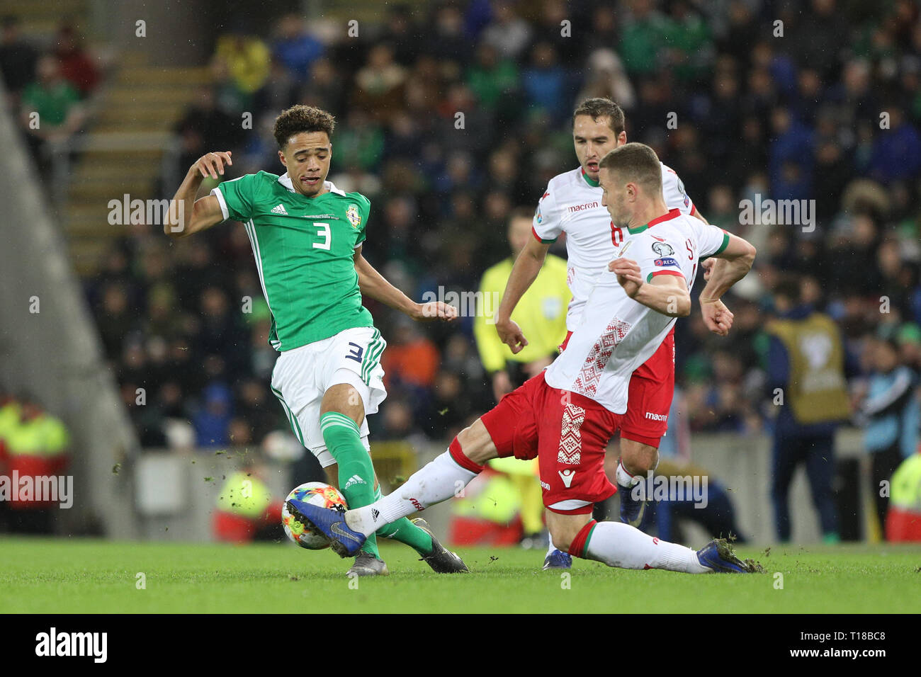 Windsor Park, Belfast, Northern Ireland. 24th Mar, 2019. UEFA European Championships Qualification football, Northern Ireland versus Belarus; Jamal Lewis of Northern Ireland and Igor Shitov of Belarus challenge for the ball Credit: Action Plus Sports/Alamy Live News Stock Photo
