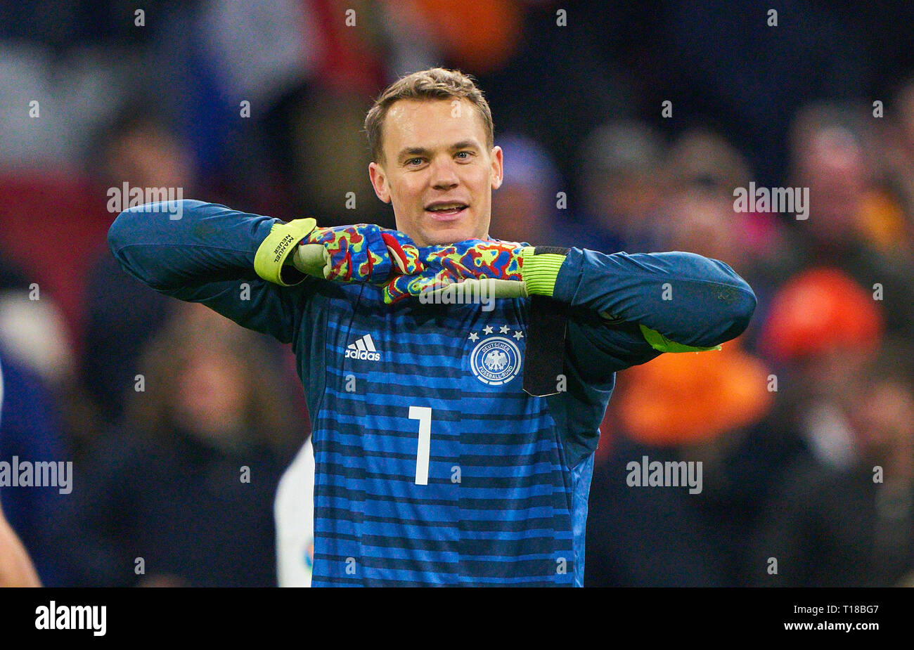 Amsterdam, Netherlands. 24th Mar, 2019. Manuel NEUER, DFB 1 goalkeeper, Cheering, joy, emotions, celebrating, laughing, cheering, rejoice, tearing up the arms, clenching the fist, celebrate, celebration, NETHERLANDS - GERMANY Important: DFB regulations prohibit any use of photographs as image sequences and/or quasi-video. Qualification for European Championships, EM Quali, 2020 Season 2018/2019, March 24, 2019 in Amsterdam, Netherlands. Credit: Peter Schatz/Alamy Live News Stock Photo