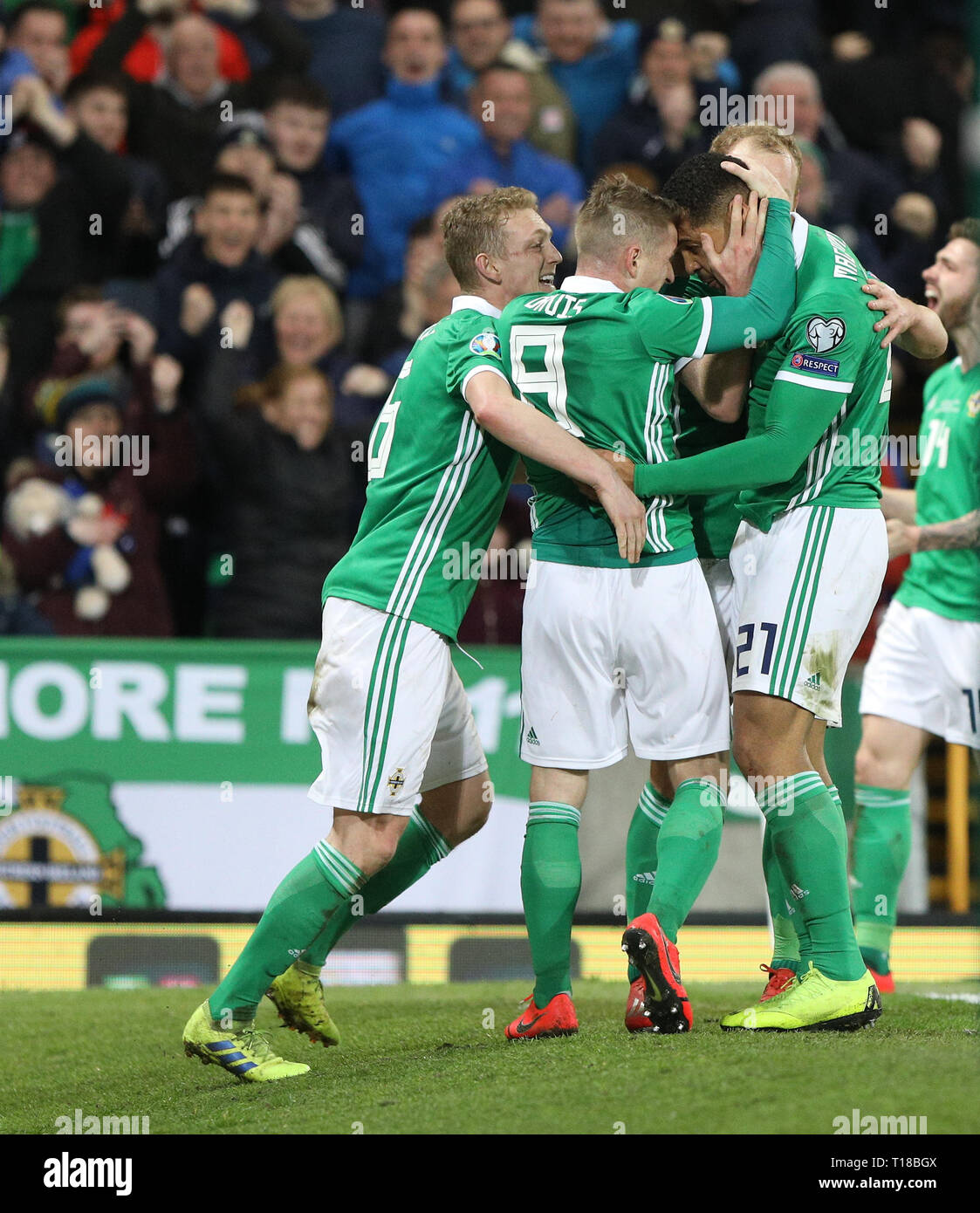 Windsor Park, Belfast, Northern Ireland. 24th Mar, 2019. UEFA European Championships Qualification football, Northern Ireland players celebrate Josh Magennis's goal which made it 2-1 in the 87th minute Credit: Action Plus Sports/Alamy Live News Stock Photo