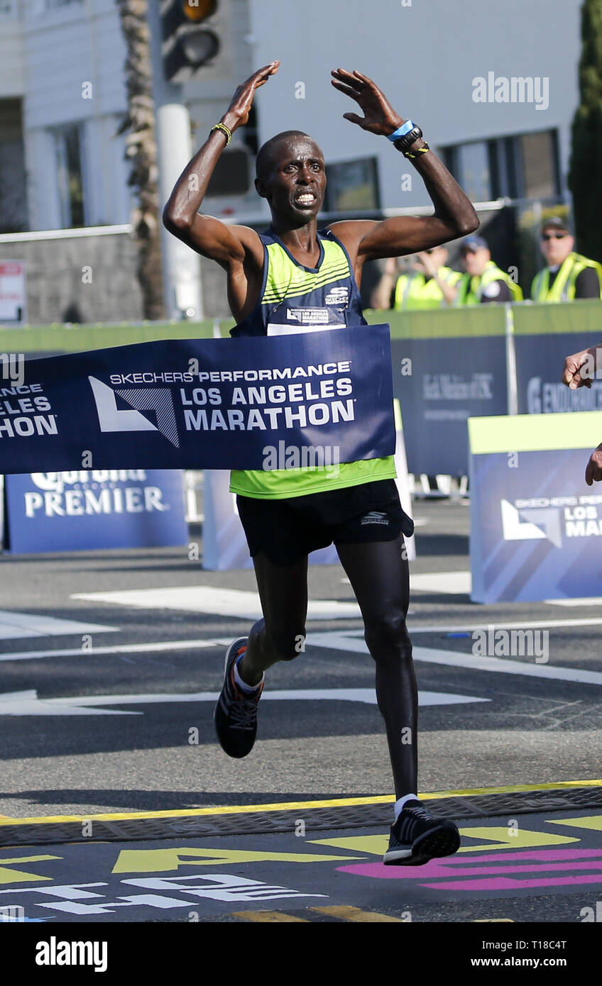 Los Angeles, California, USA. 24th Mar, 2019. Elisha Barno of Kenya,  crosses the finish line to win the men's race during the 34th Skechers LA  Marathon in Los Angeles, March 24, 2019.