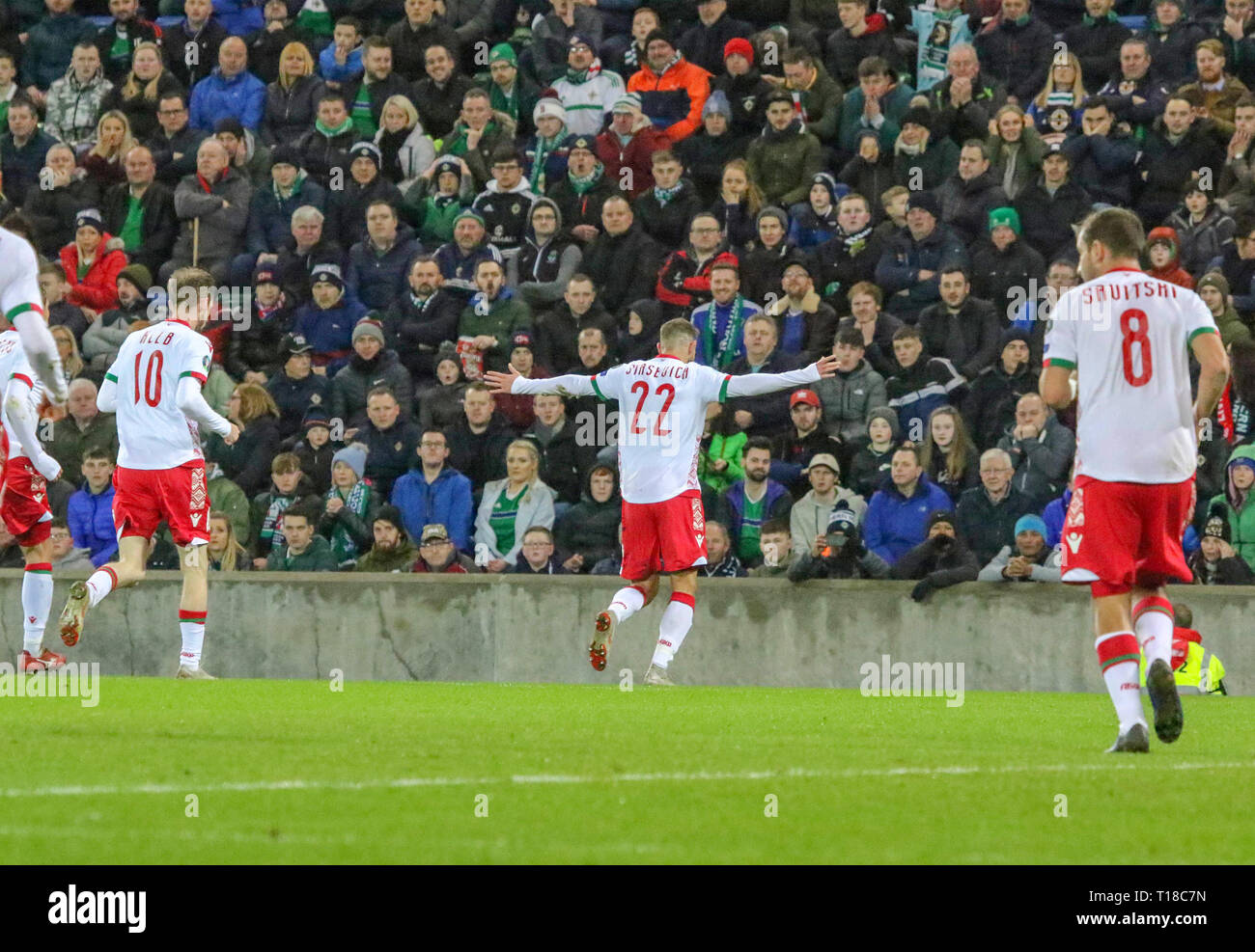 National Football Stadium at Windsor Park, Belfast, Northern Ireland. 24  March 2019. UEFA EURO 2020 Qualifier- Northern Ireland v Belarus. Action from tonight's game. Igor Stasevich (22) celebrates his goal for Belarus.  Credit: David Hunter/Alamy Live News. Stock Photo