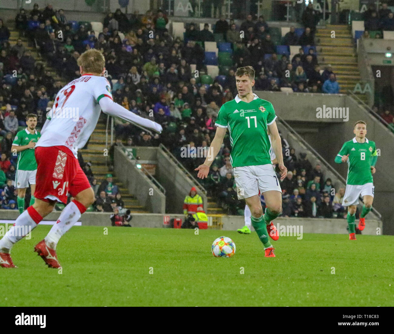 National Football Stadium at Windsor Park, Belfast, Northern Ireland. 24  March 2019. UEFA EURO 2020 Qualifier- Northern Ireland v Belarus. Action from tonight's game. Paddy McNair (17) Northern  Ireland. Credit: David Hunter/Alamy Live News. Stock Photo