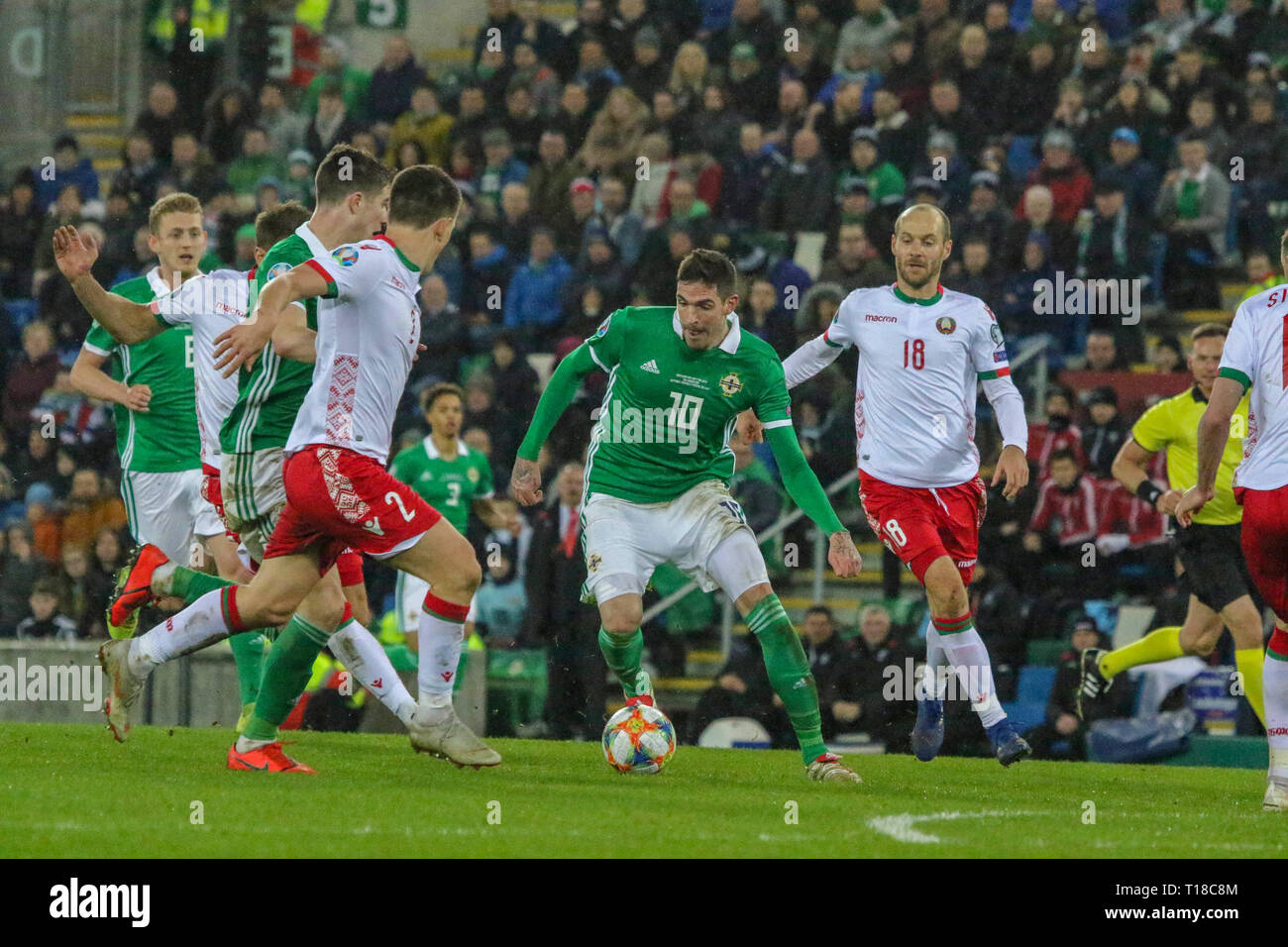 National Football Stadium at Windsor Park, Belfast, Northern Ireland. 24  March 2019. UEFA EURO 2020 Qualifier- Northern Ireland v Belarus. Action from tonight's game. Kyle Lafferty (10) on the attack for Northern Ireland. Credit: David Hunter/Alamy Live News. Stock Photo