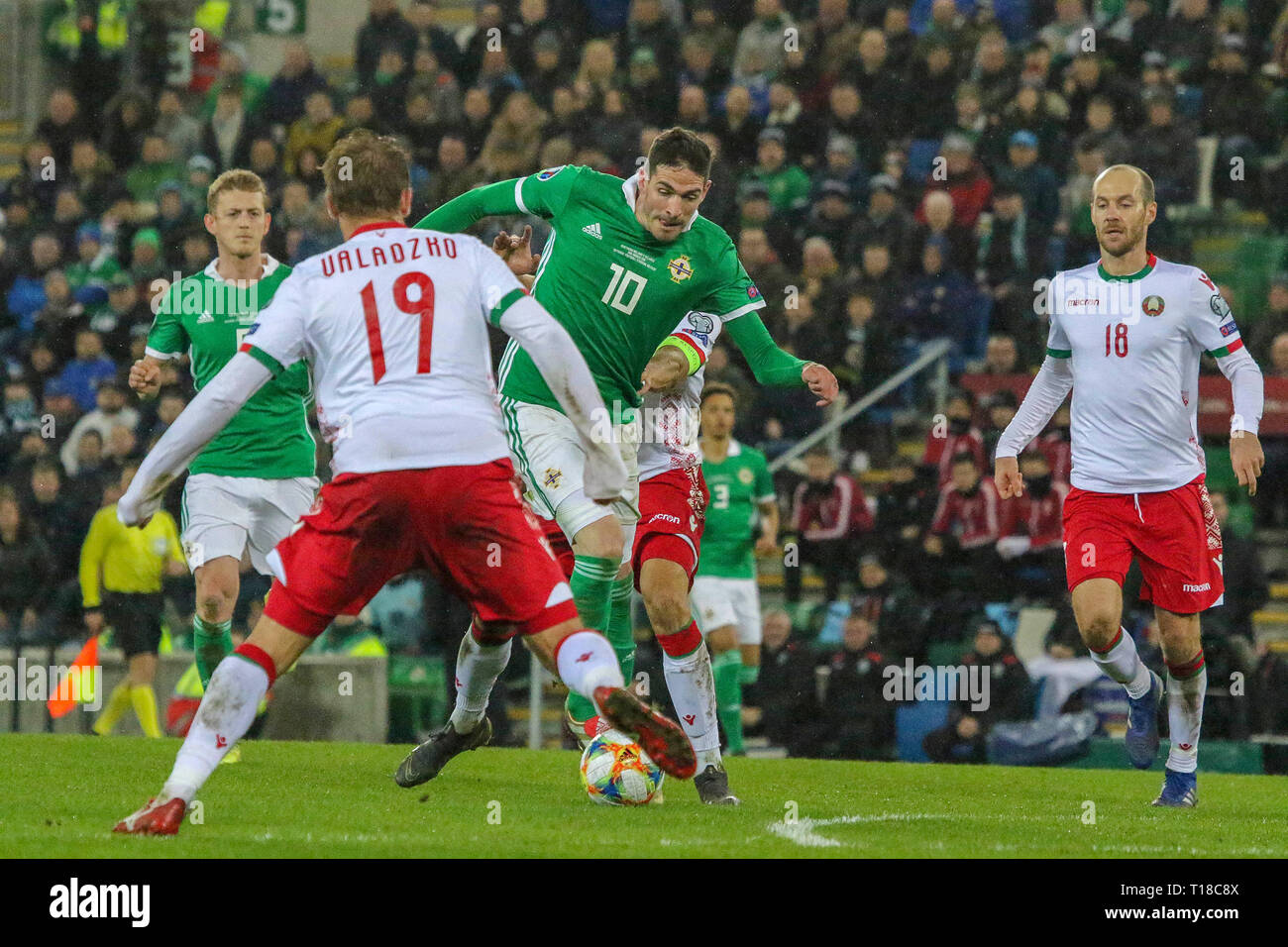 National Football Stadium at Windsor Park, Belfast, Northern Ireland. 24  March 2019. UEFA EURO 2020 Qualifier- Northern Ireland v Belarus. Action from tonight's game. Kyle Lafferty (10) on the attack for Northern Ireland. Credit: David Hunter/Alamy Live News. Stock Photo