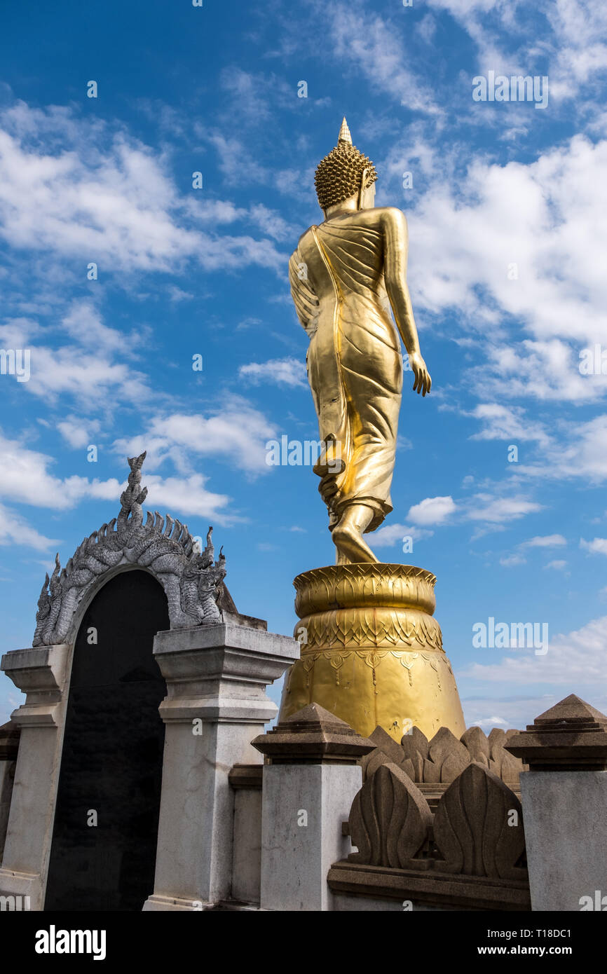 Rear side of the golden Buddha statue under the clear blue sky with the ...