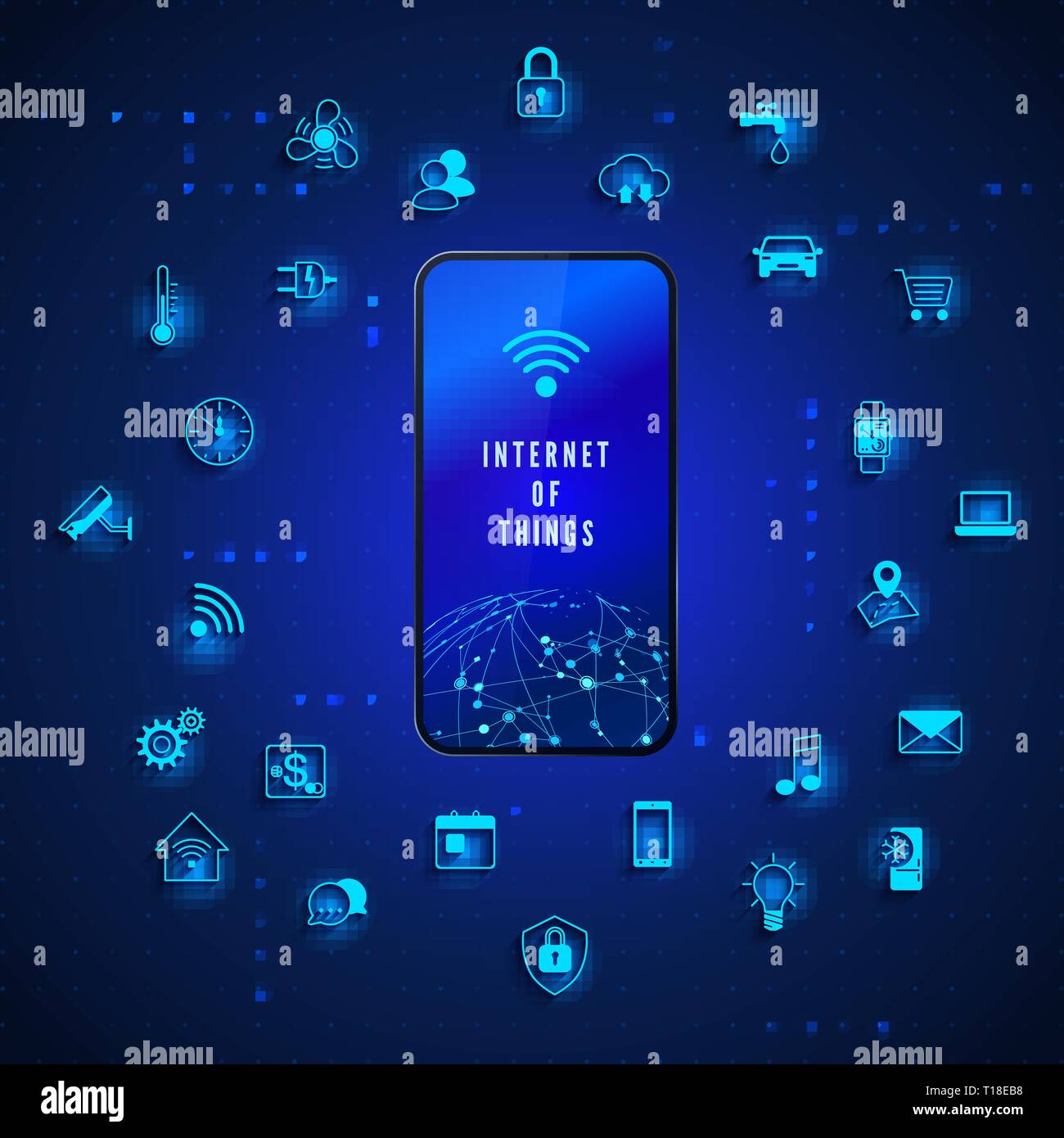 Internet of Things. IOT concept. Global network technology Internet control and monitoring. System automation device icons. Smart house or smart city  Stock Vector