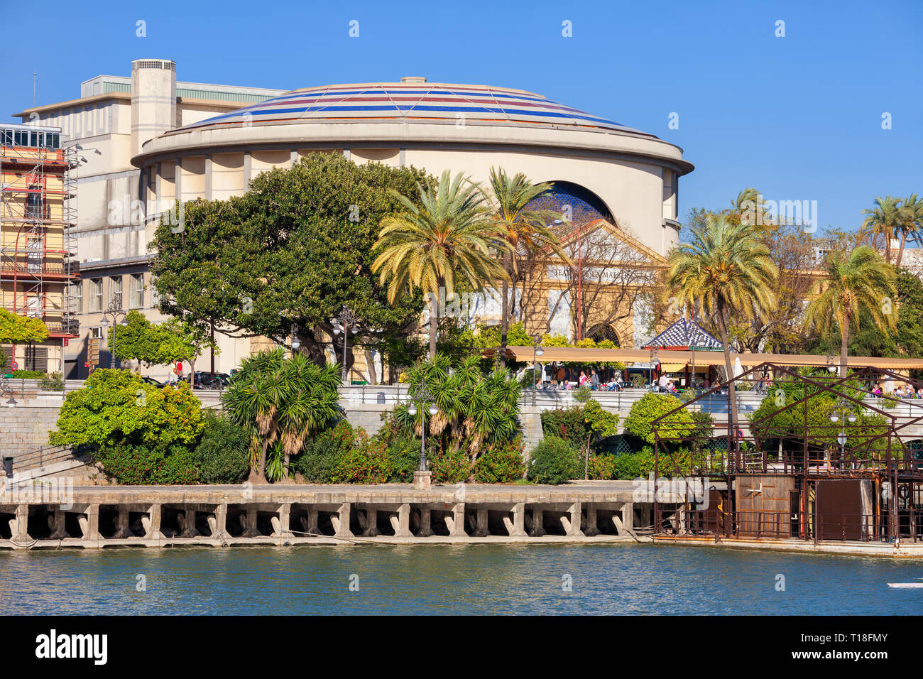 Spain, city of Seville, Teatro de la Maestranza theater, opera house and conert hall as seen from the Guadalquivir river Stock Photo