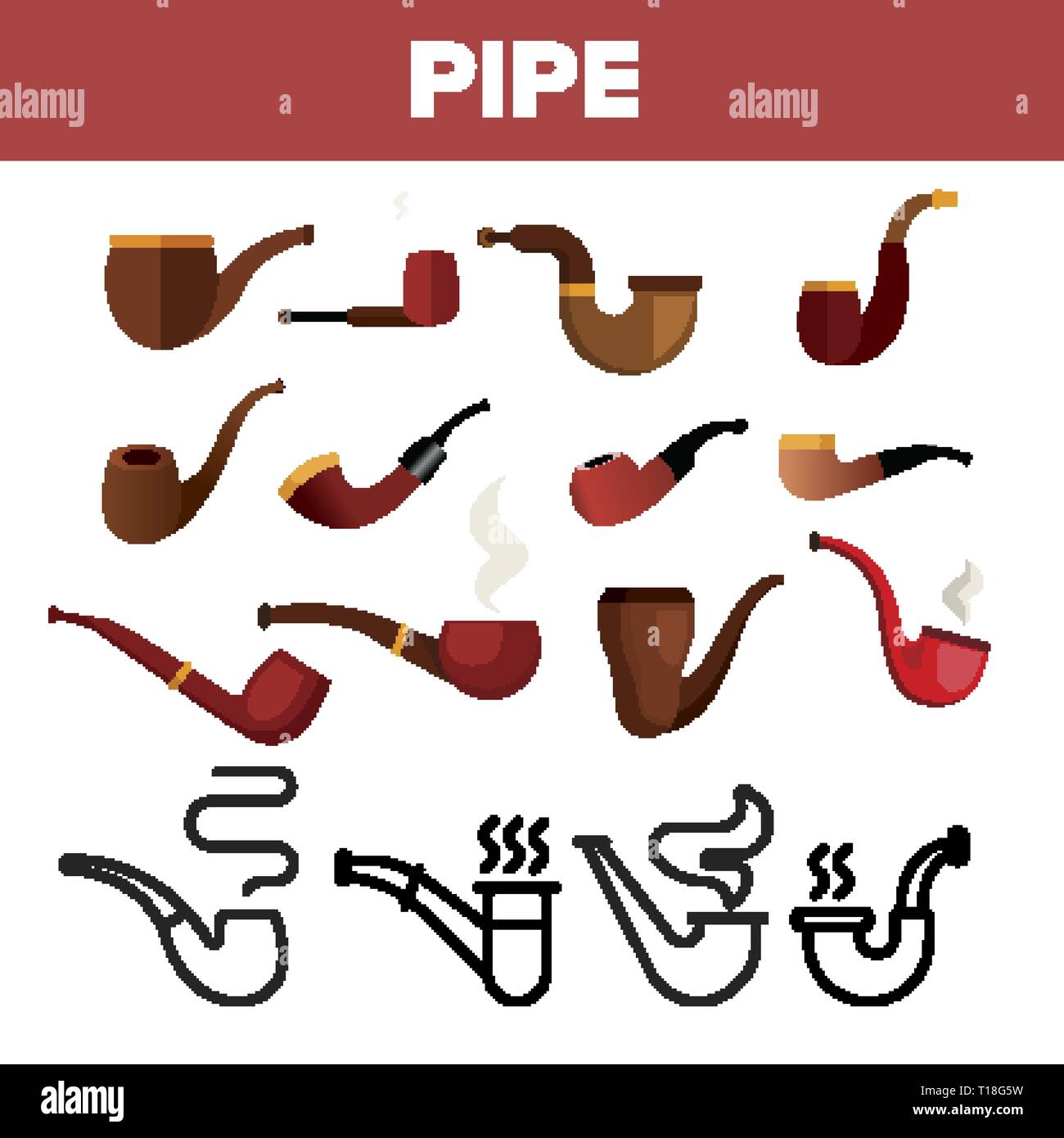 Tobacco Pipe Icon Set Vector. Smoke Cigar. Old Graphic Silhouette. Ash