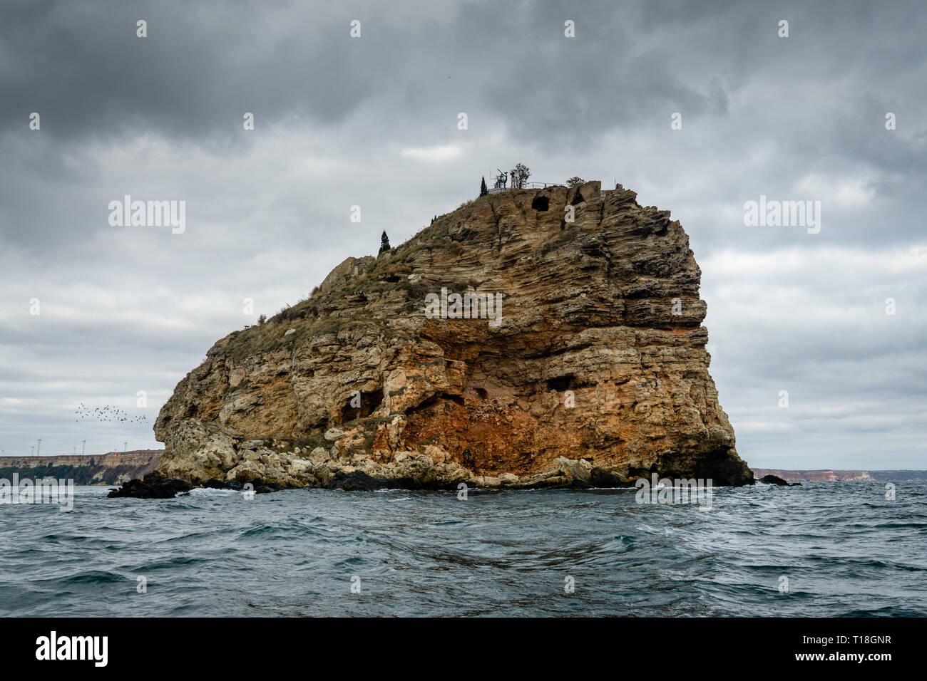 A wide-angle shot of Cape Kaliakra, Bulgaria, as seen from the sea. Cape Kaliakra  is a long and narrow headland in the northern Black Sea Coast. Stock Photo