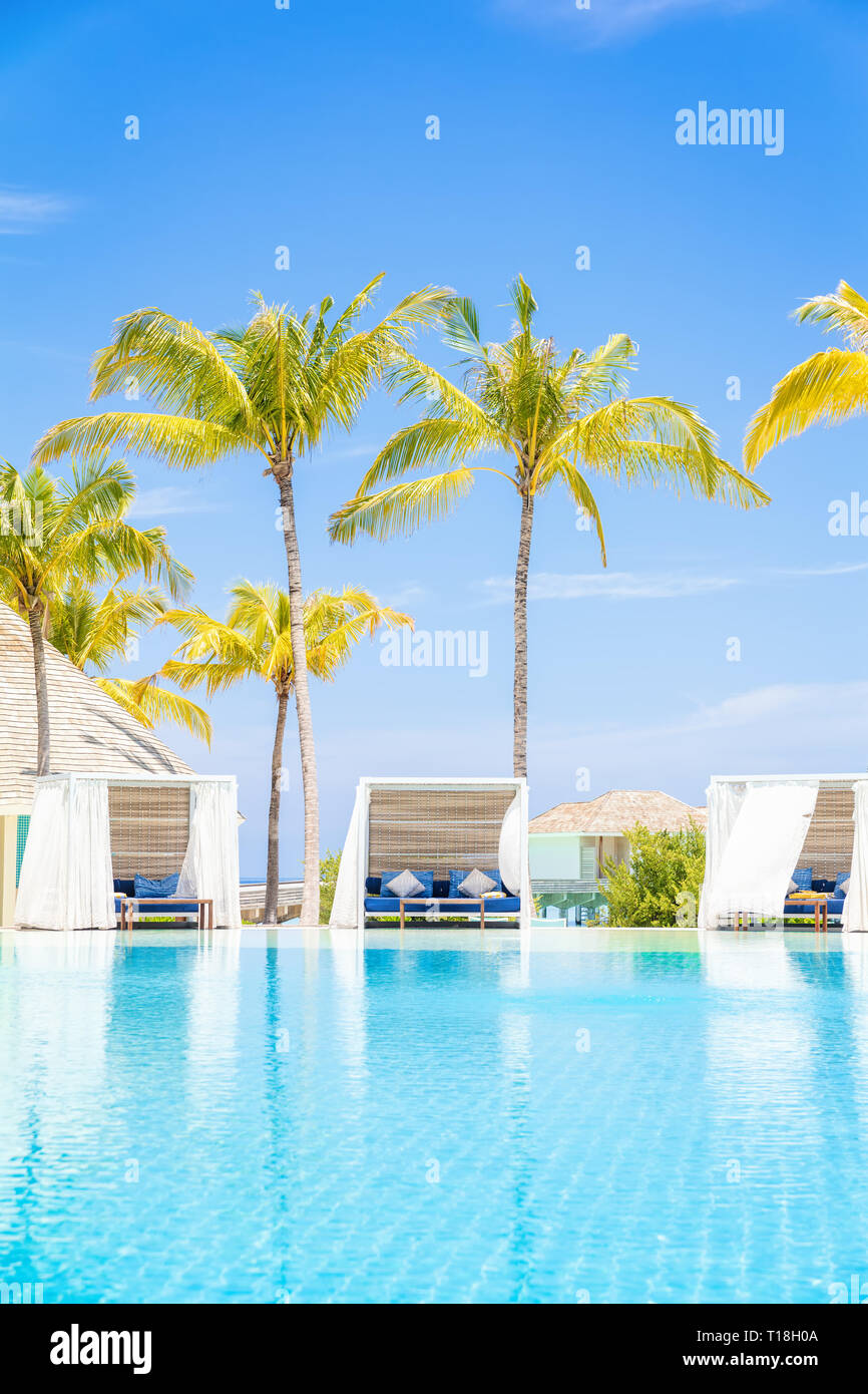 Luxury White beach bed chairs cabanas lounge Sundeck by swimming