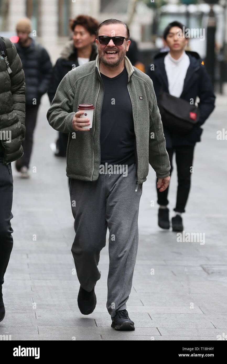 Ricky Gervais seen arriving at Global studios for radio interviews