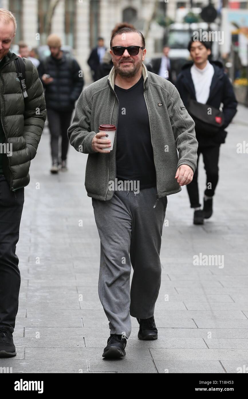 Ricky Gervais seen arriving at Global studios for radio interviews