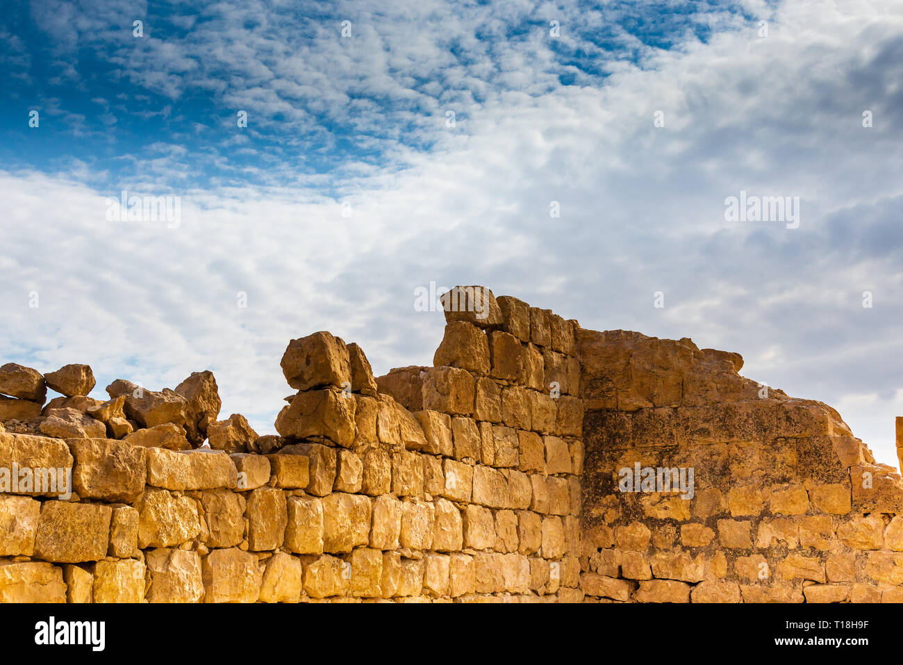 SHIVTA, ISRAEL / FEB 18, 2018:  This ancient Christian Nabatean city in Israel's Negev desert was abandoned some 200 years after the Muslim conquest i Stock Photo
