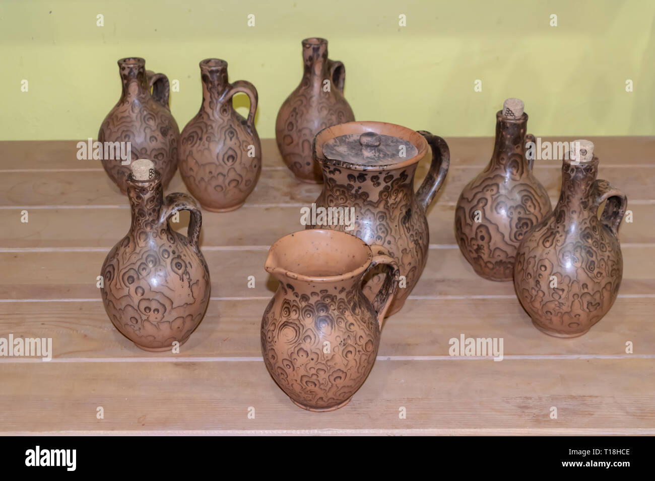 clay products, jugs cups liquid vessels, pottery Stock Photo