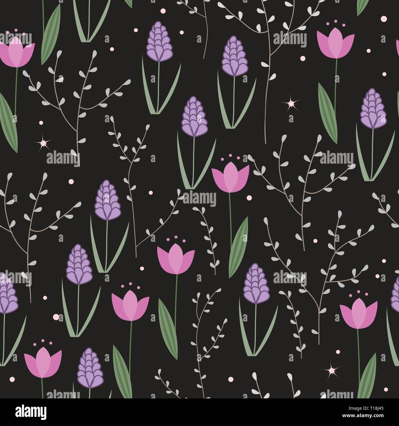 Seamless floral pattern with doodle hyacinths, tulips and brances on dark background. Vector. Stock Vector